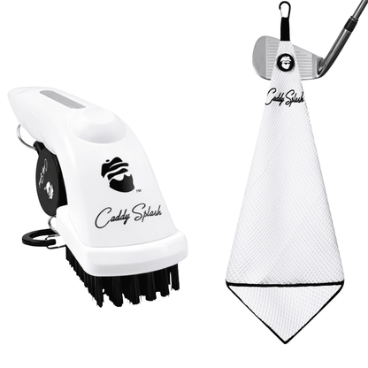 Golf Pocket Mag Towel - White & Ice White Golf Club Water Brush Pro Bundle