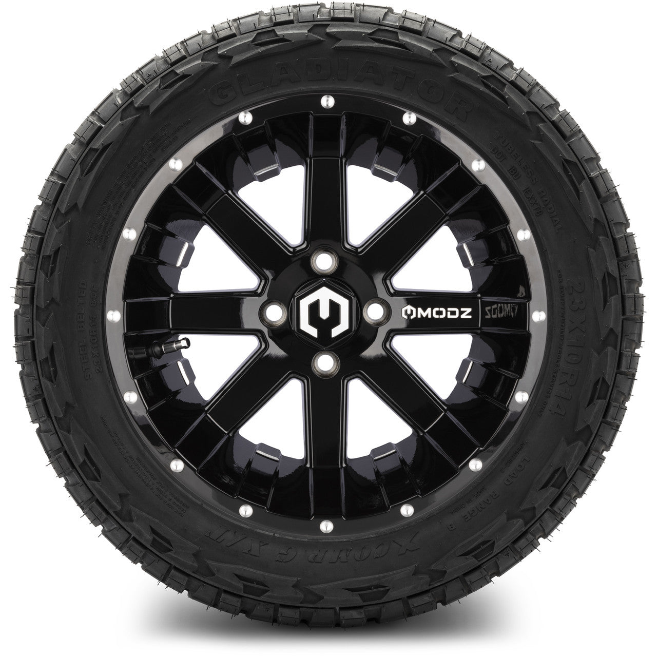 MODZ® 14" Assault Glossy Black with Ball Mill Wheels & Off-Road Tires Combo (Xcomp Gladiator 23-10-14 Radial)