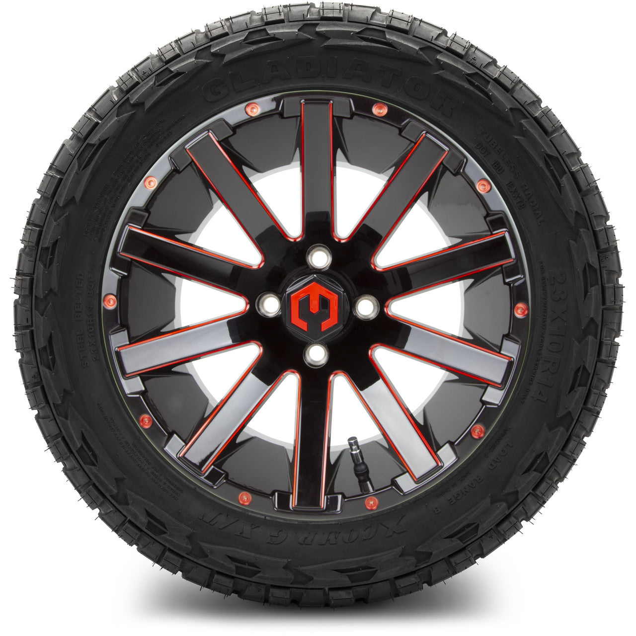 MODZ® 14" Mauler Glossy Black and Red with Ball Mill Wheels & Off-Road Tires Combo (Xcomp Gladiator 23-10-14 Radial)