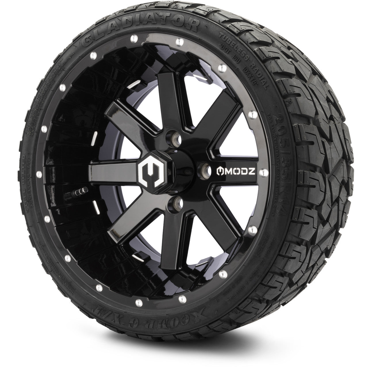 MODZ® 14" Assault Glossy Black with Ball Mill Wheels & Off-Road Tires Combo (Arisun X-Trail All-Terrain 23x10-14)