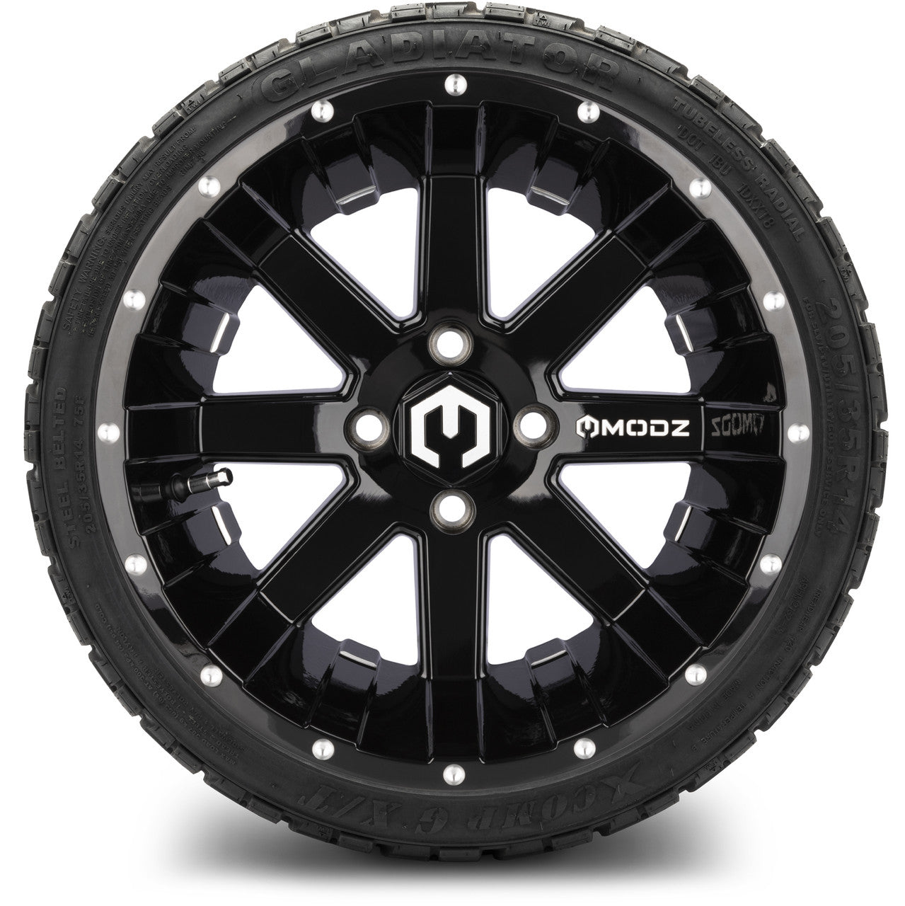 MODZ® 14" Assault Glossy Black with Ball Mill Wheels & Off-Road Tires Combo (Xcomp Gladiator 23-10-14 Radial)