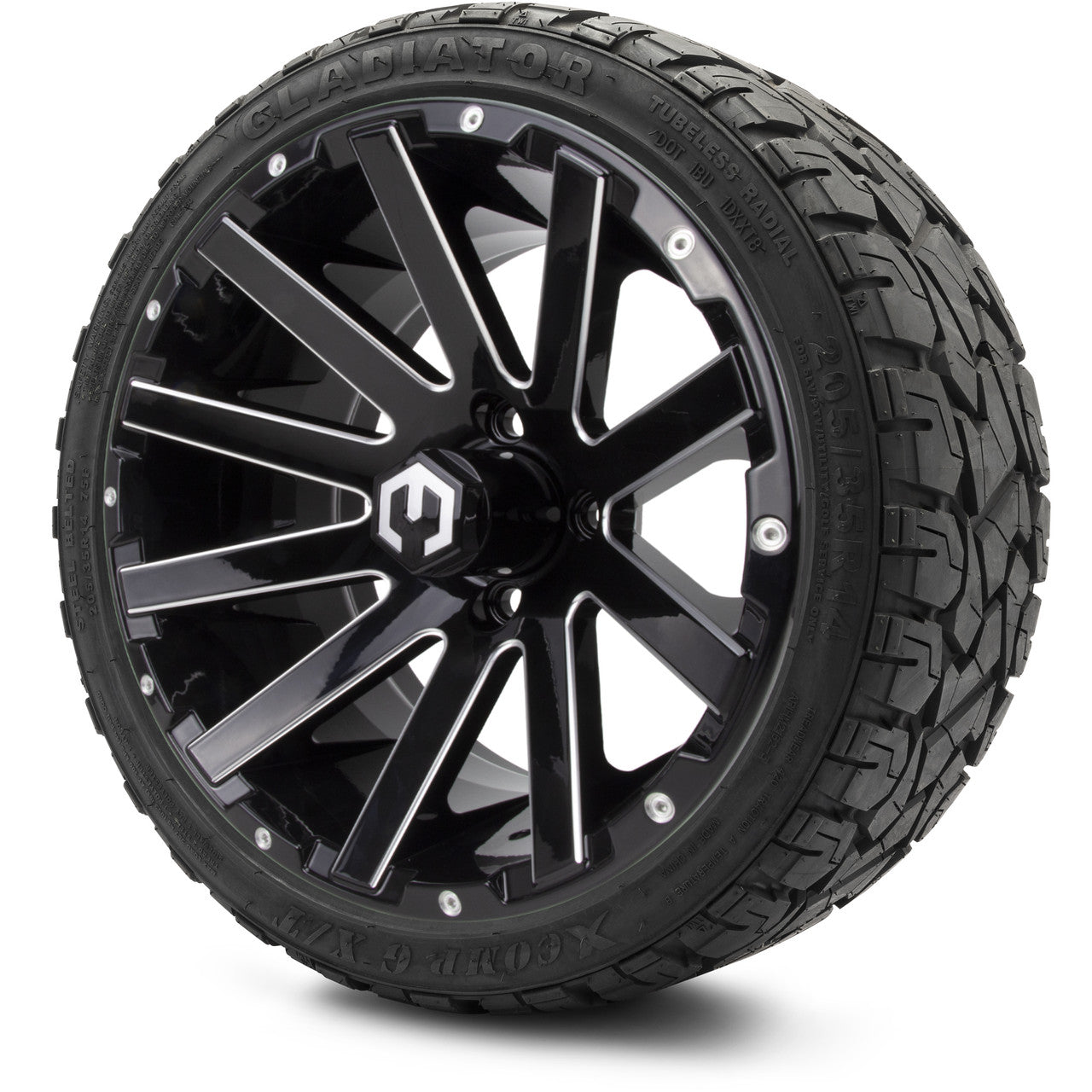 MODZ® 14" Mauler Glossy Black with Ball Mill Wheels & Off-Road Tires Combo (Xcomp Gladiator 23-10-14 Radial)