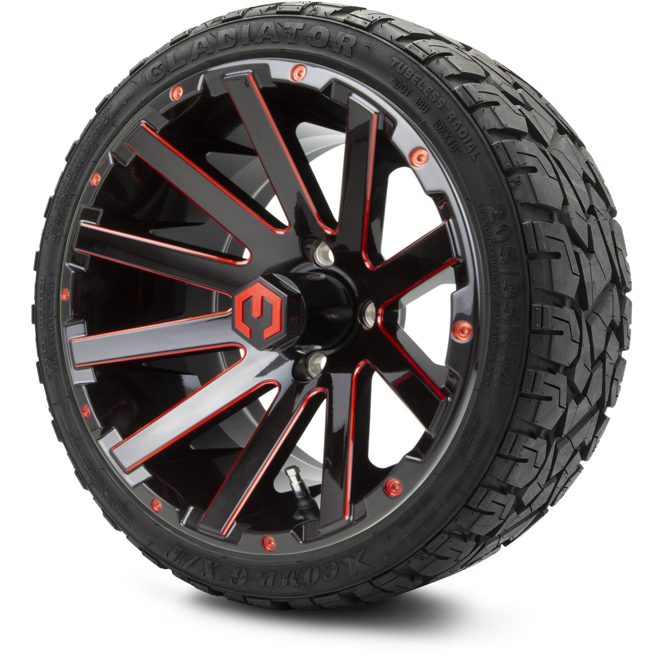 MODZ® 14" Mauler Glossy Black and Red with Ball Mill Wheels & Off-Road Tires Combo (Xcomp Gladiator 23-10-14 Radial)
