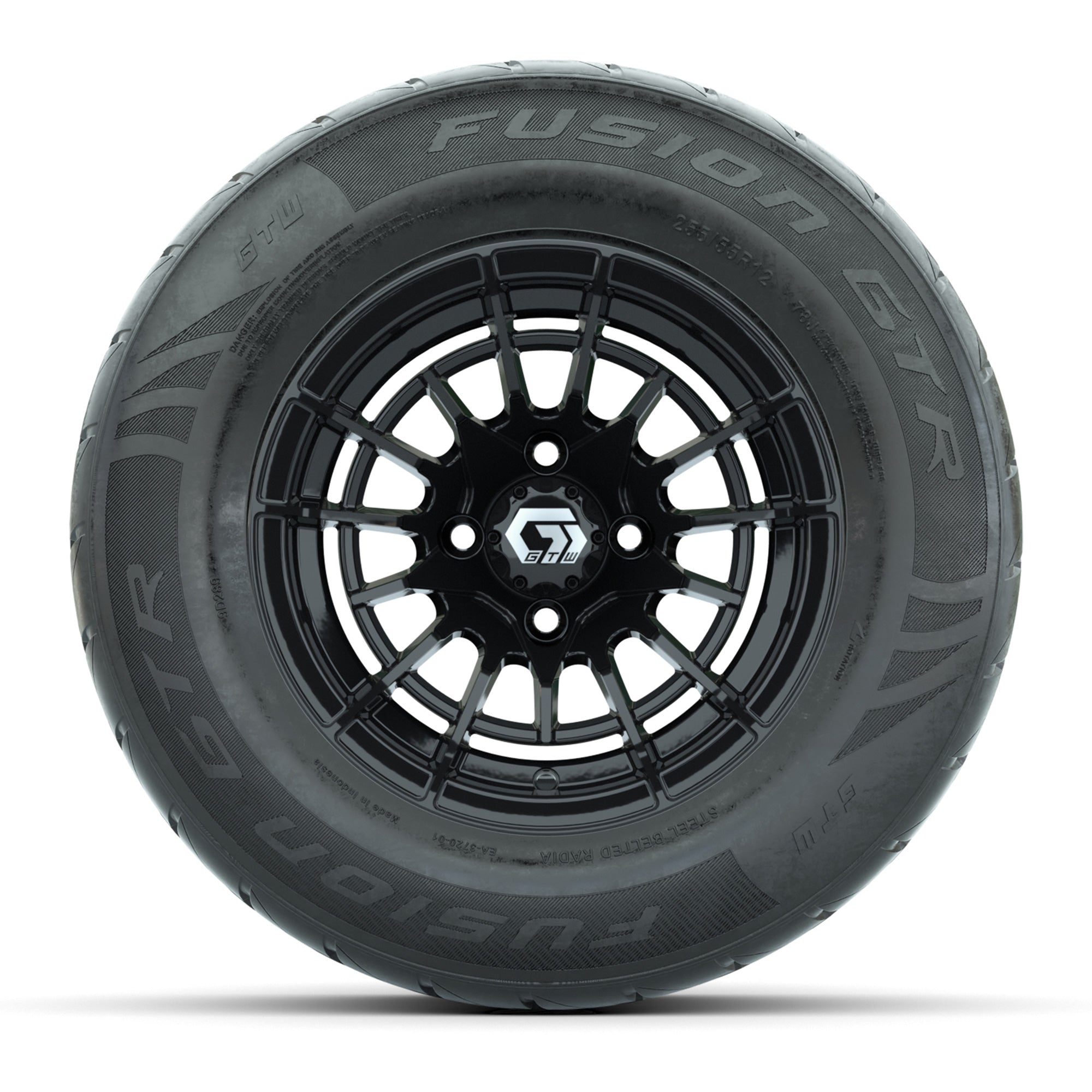 GTW® Boost Gloss Black 12 in Wheels with 255/55-R12 Fusion GTR Steel Belt Radial Street Tires – Full Set