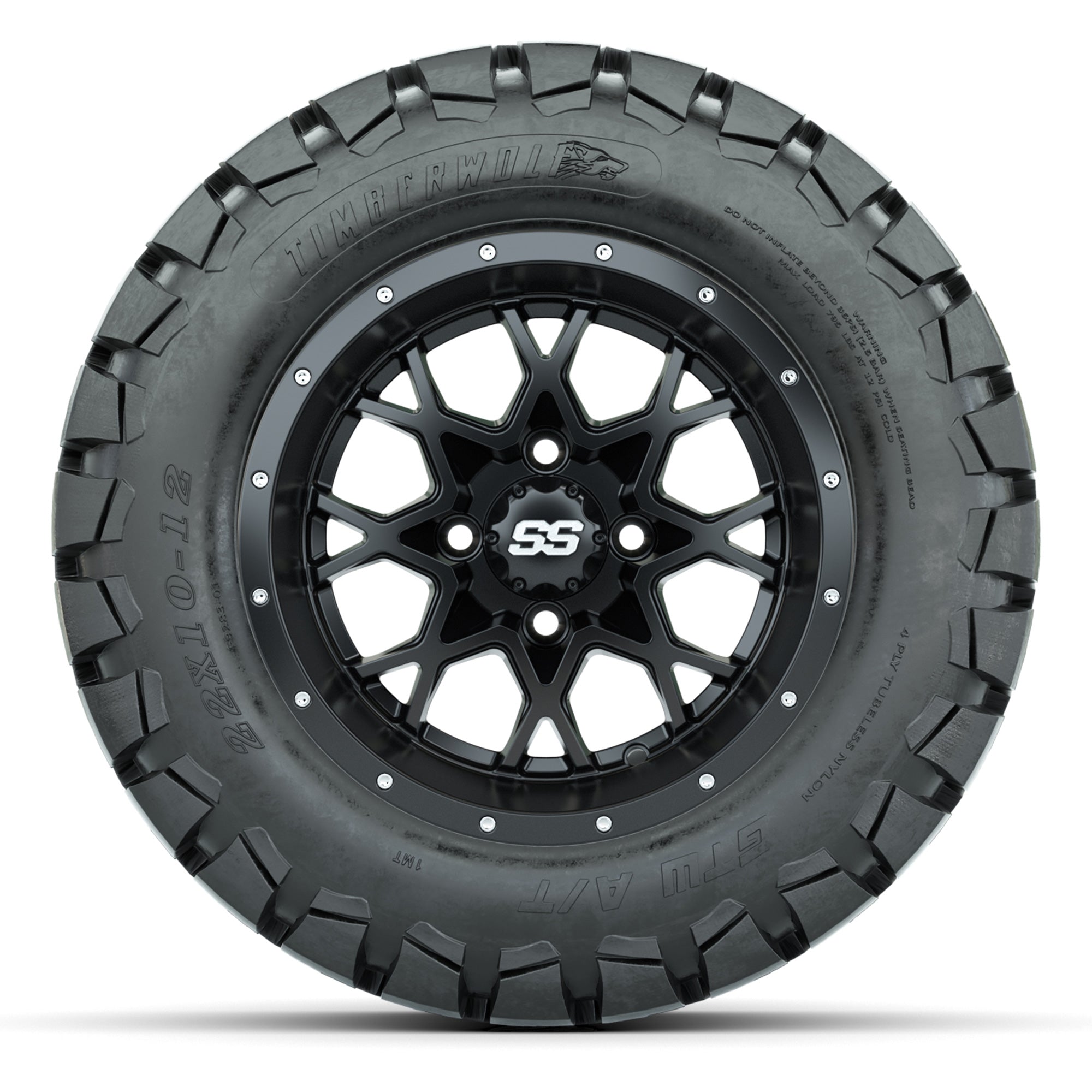 GTW® Vortex 2 Matte Black/Machined 12 in Wheels with 22X10-12 Timberwolf All-Terrain Tires – Full Set
