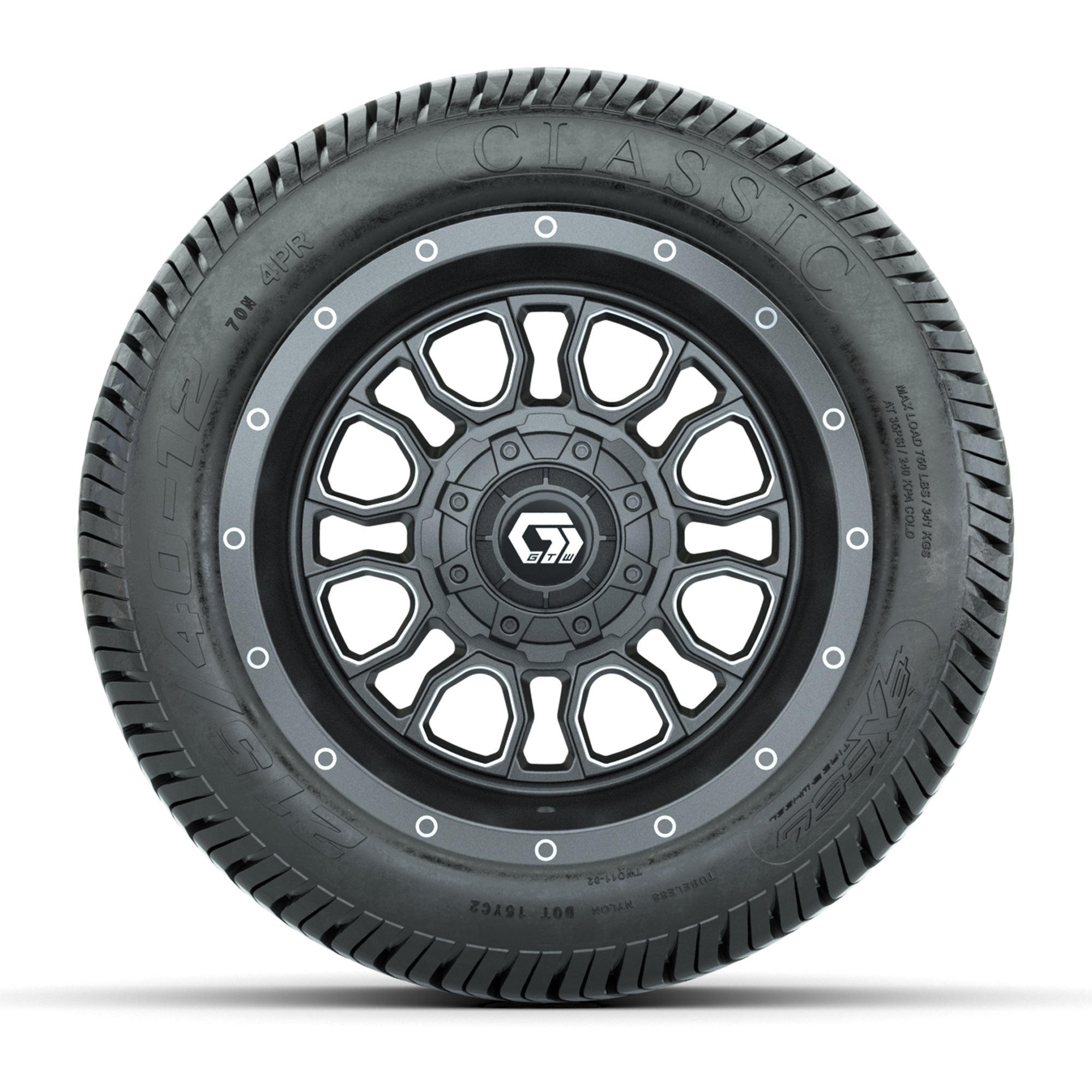 GTW® Volt Gunmetal 12 in Wheels with 215/40-12 Excel Classic Street Tires – Full Set