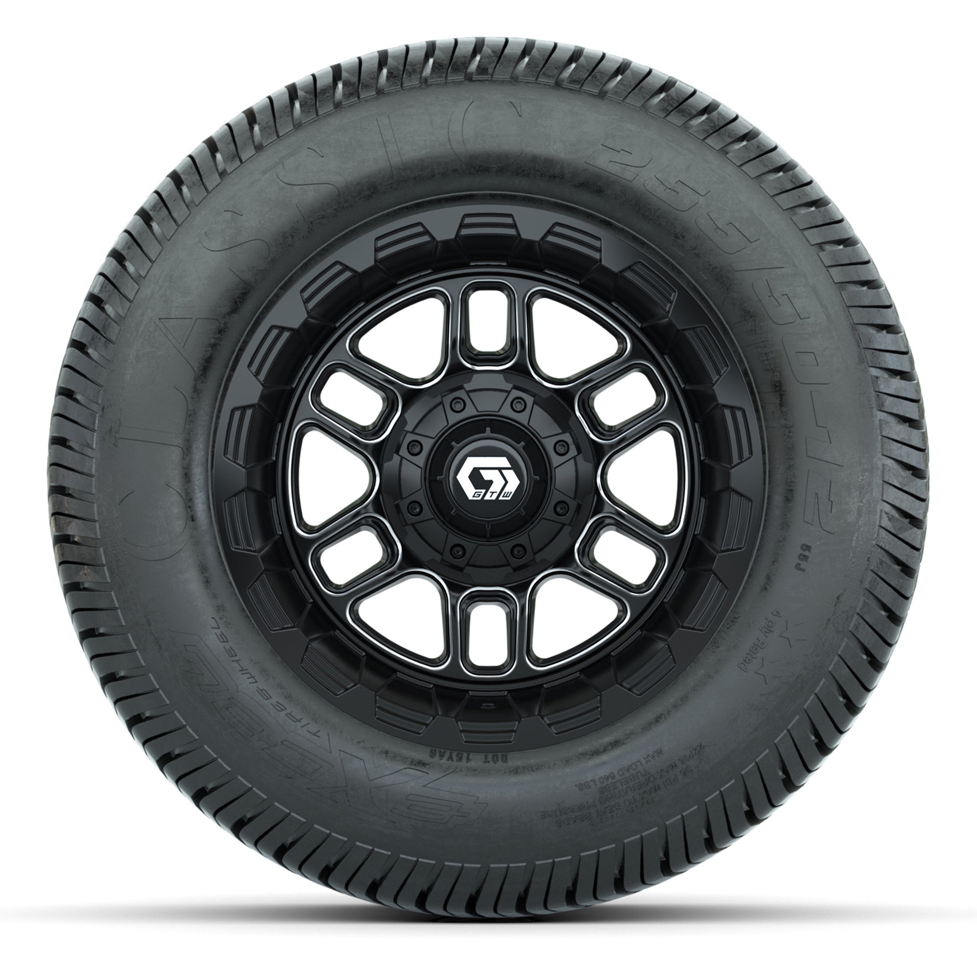 GTW® Titan Black/Machined 12 in Wheels with 255/50-12 Excel Classic Street Tires – Full Set