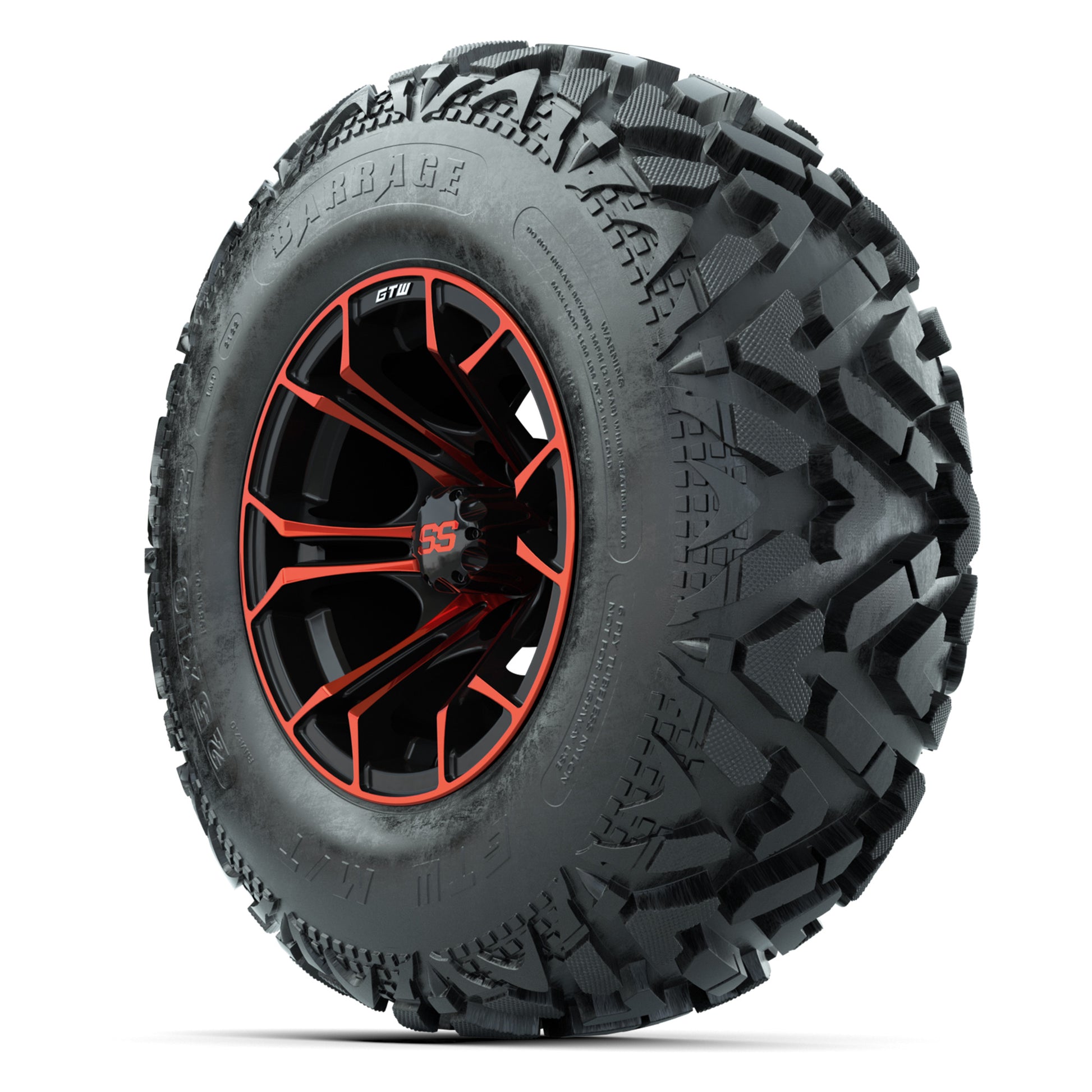 GTW® Spyder Black/Red 12 in Wheels with 25X10-12 Barrage Mud Tires – Full Set
