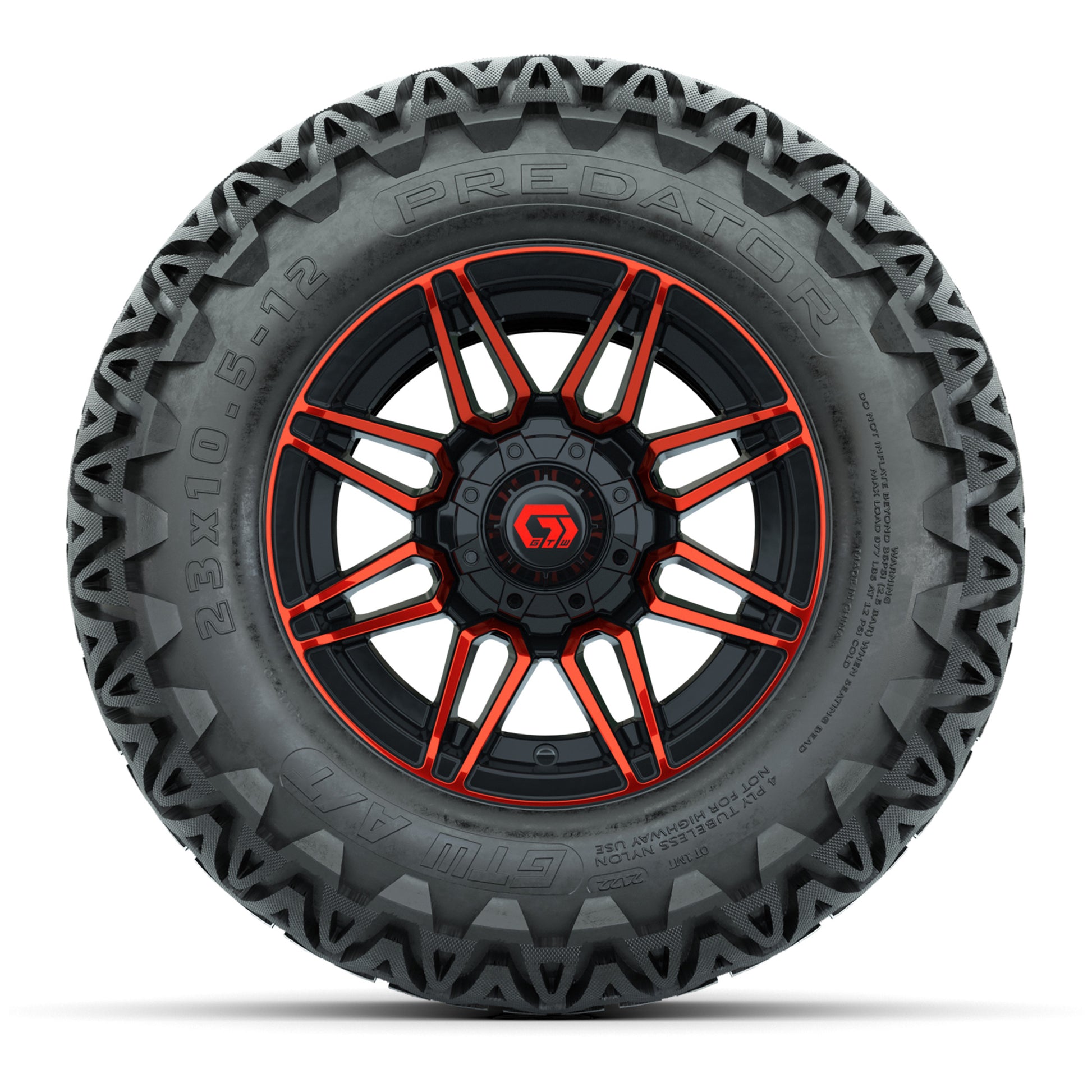GTW® Stealth Red/Machined 12 in Wheels with 23X10.5-12 Predator All-Terrain Tires – Full Set