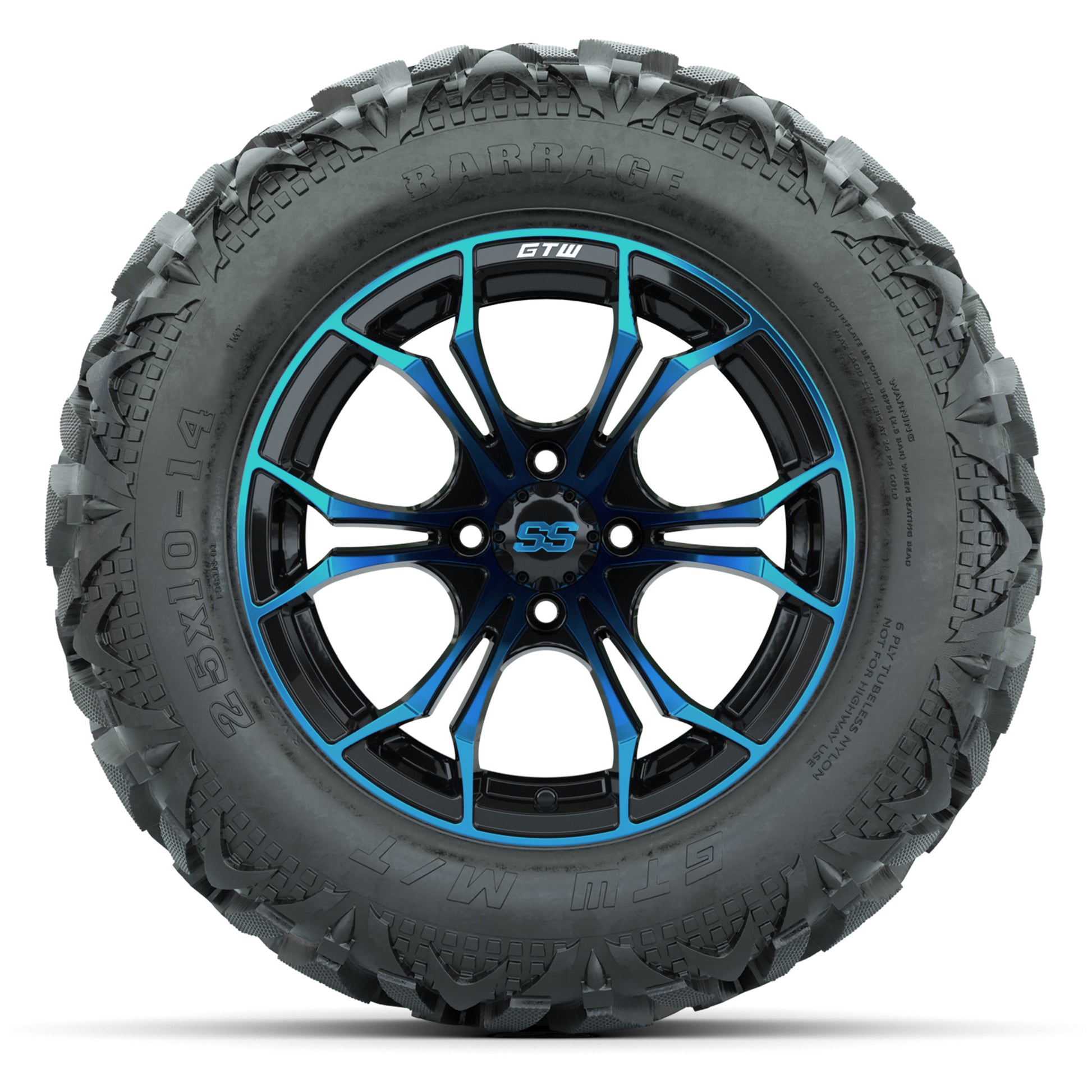 GTW Spyder Black/Blue 14 in Wheels with 25x10-14 Barrage Mud - front view