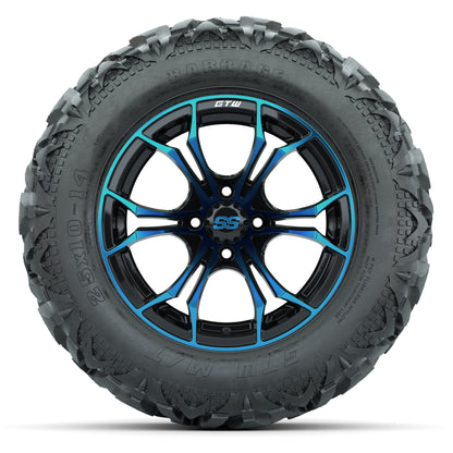 GTW Spyder Black/Blue 14 in Wheels with 25x10-14 Barrage Mud - front view