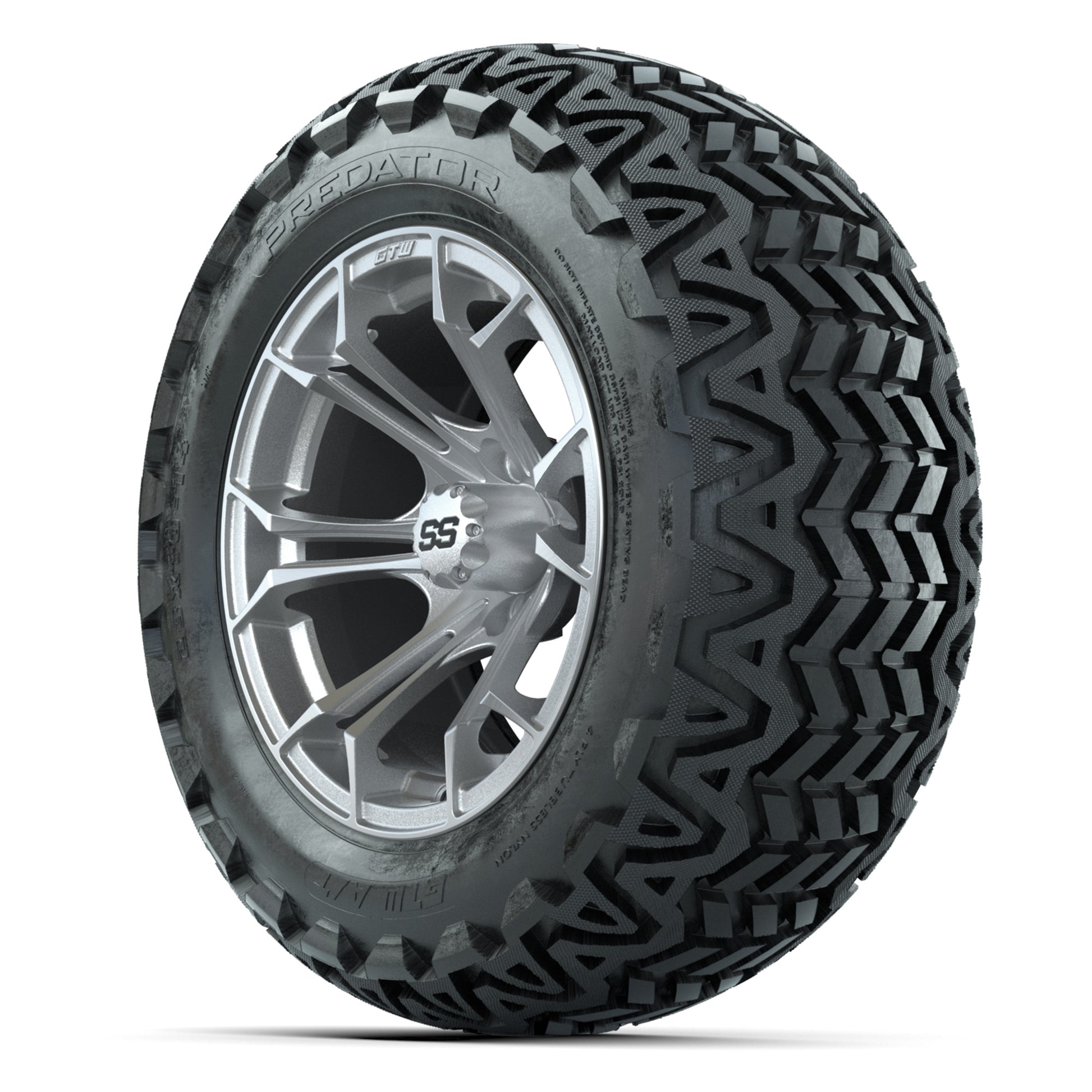 GTW Spyder Silver Brush 14 in Wheels with 23X10-14 Predator  - 3/4 view