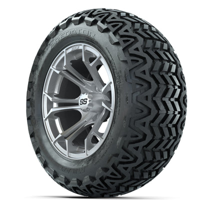GTW Spyder Silver Brush 14 in Wheels with 23X10-14 Predator  - 3/4 view