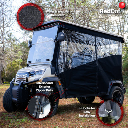 RedDot 4-Forward Seating with OEM Top 3-Sided Track Style Linen Enclosure for ICON & Epic E40FX Golf Carts