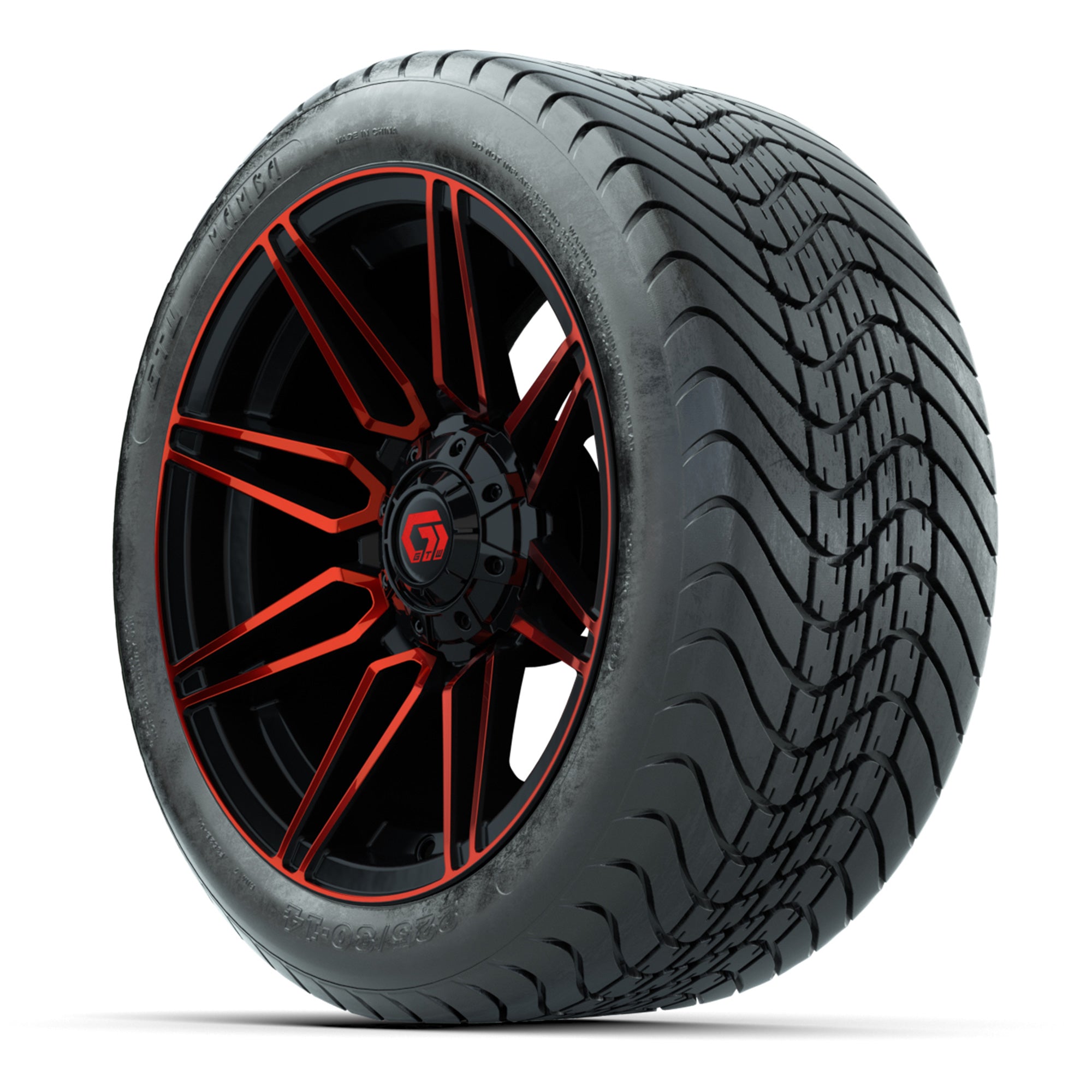 GTW Stealth Red/Machined 14 in Wheels with 225/30-14 Mamba S - 3/4 view