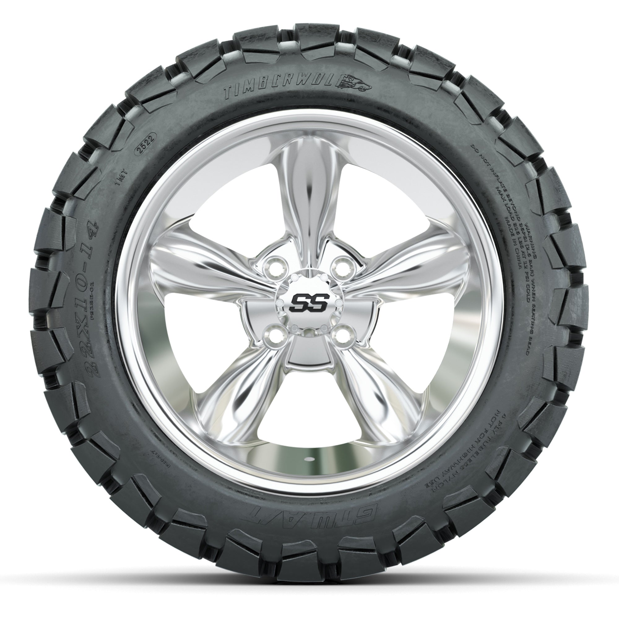 GTW Godfather Chrome 14 in Wheels with 22X10-14 Timberwolf A - 3/4 view