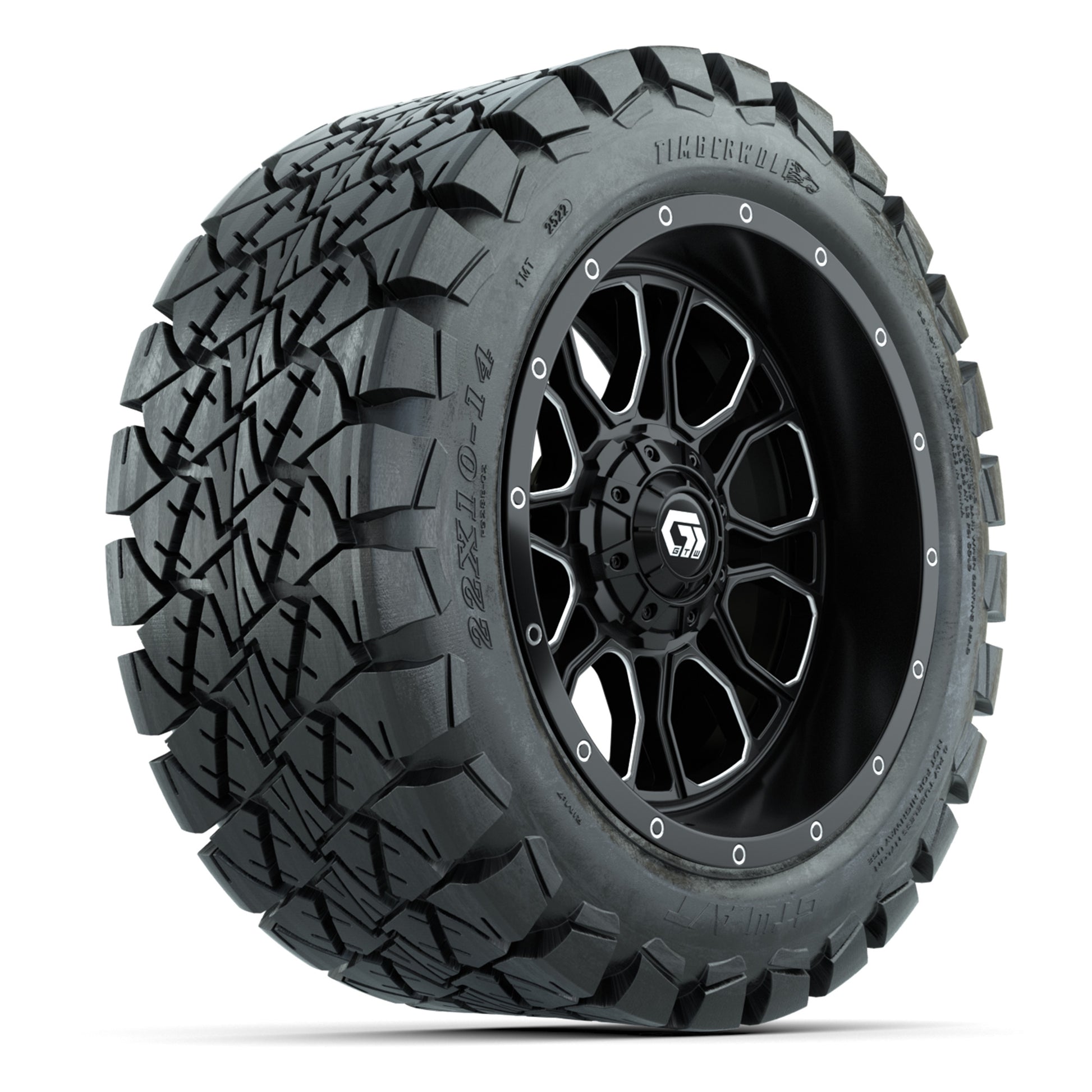 GTW Volt Black/Machined 14 in Wheels with 22X10-14 Timberwolf All-Terrain Tires – Full Set