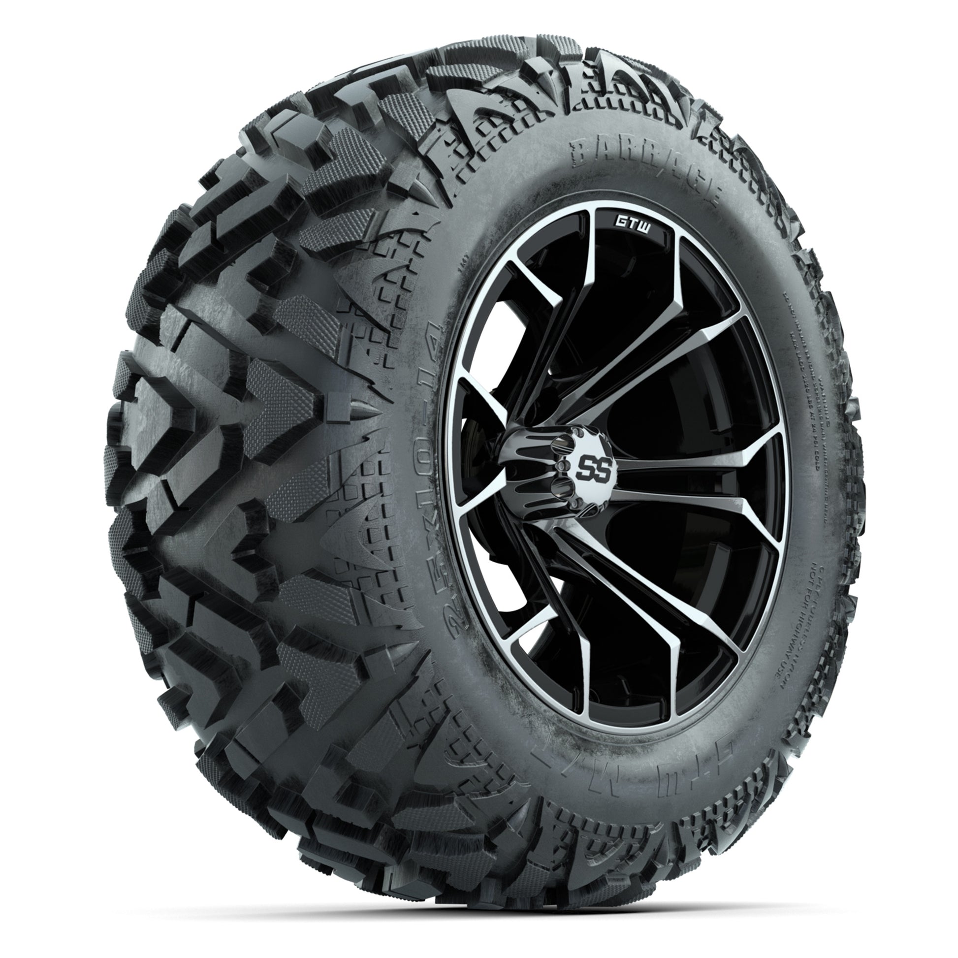 GTW Spyder Black/Machined 14 in Wheels with 25x10-14 Barrage Mud Tires – Full Set