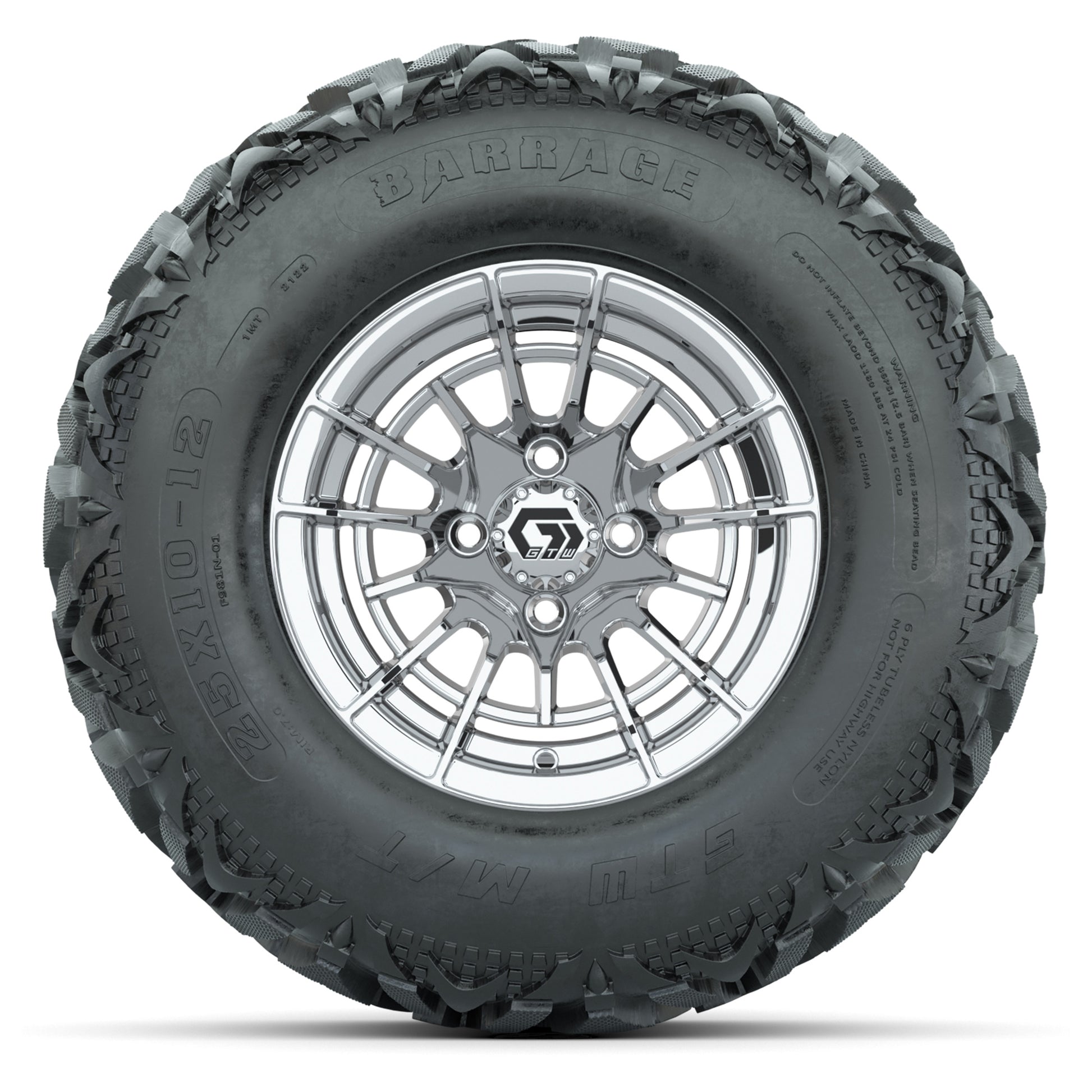 GTW® Boost Chrome 12 in Wheels with 25X10-12 Barrage Mud Tires – Full Set