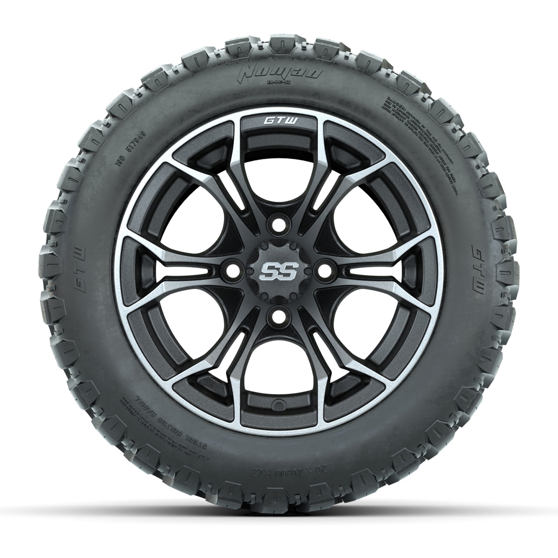 GTW® Spyder Matte Gray/Machined 12 in Wheels with 20X10-12 Nomad Steel Belt Radial All-Terrain Tires – Full Set