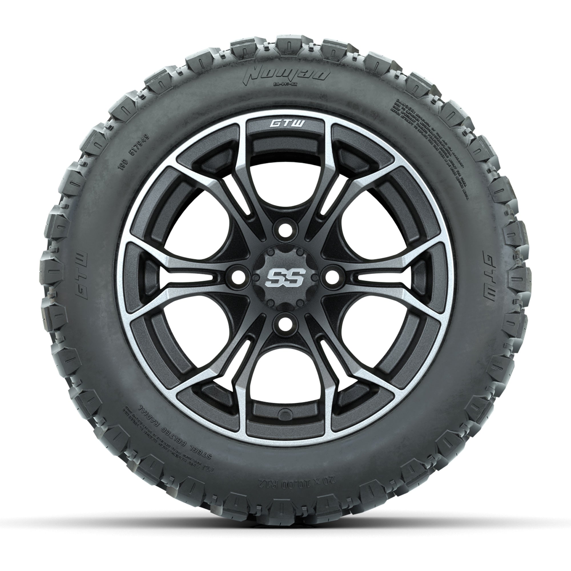GTW® Spyder Matte Gray/Machined 12 in Wheels with 20X10-12 Nomad Steel Belt Radial All-Terrain Tires – Full Set