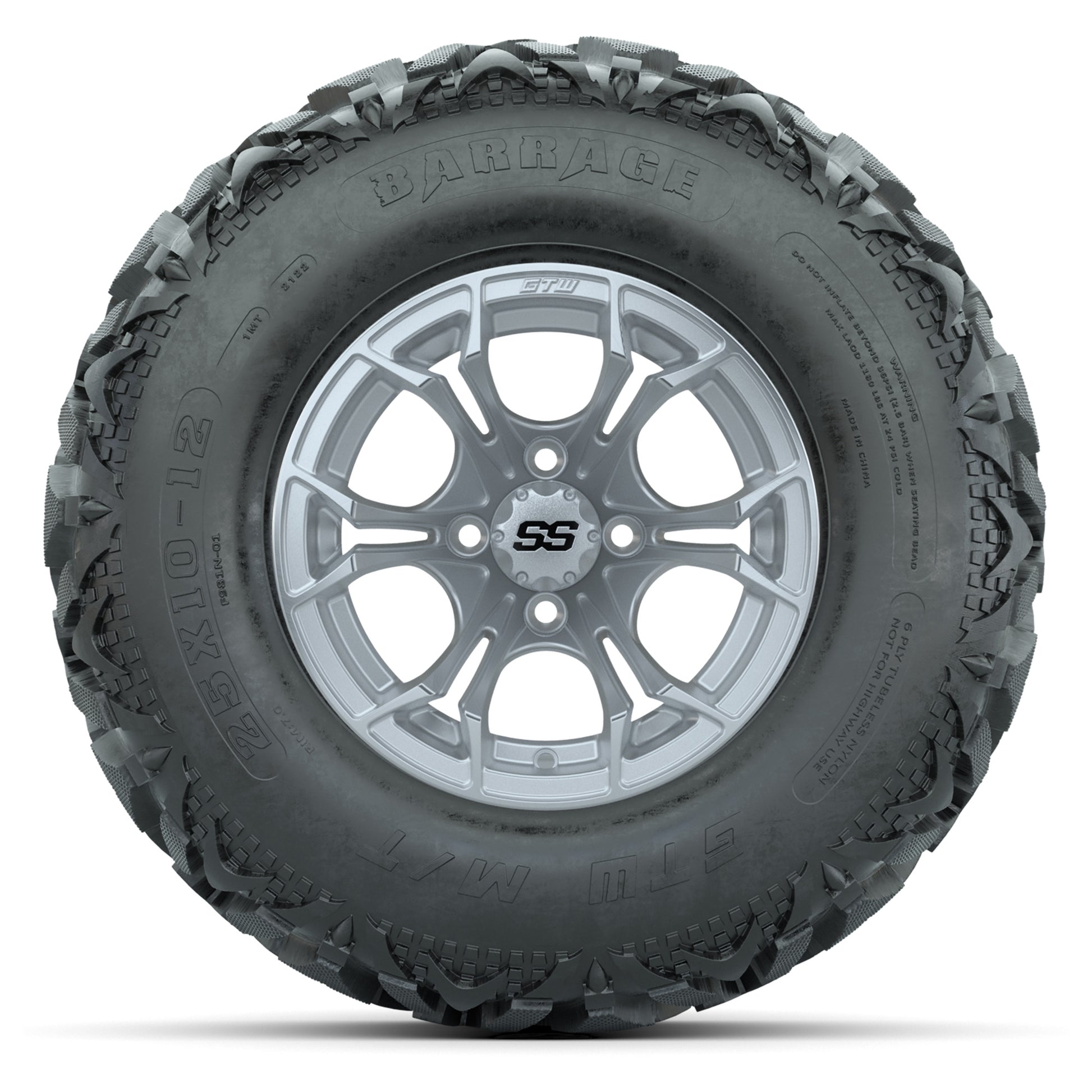 GTW® Spyder Silver Brush 12 in Wheels with 25X10-12 Barrage Mud Tires – Full Set