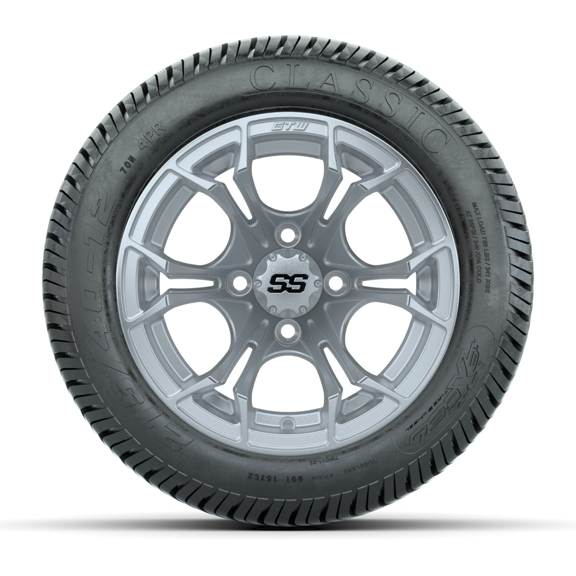 GTW® Spyder Silver Brush 12 in Wheels with 215/40-12 Excel Classic Street Tires – Full Set