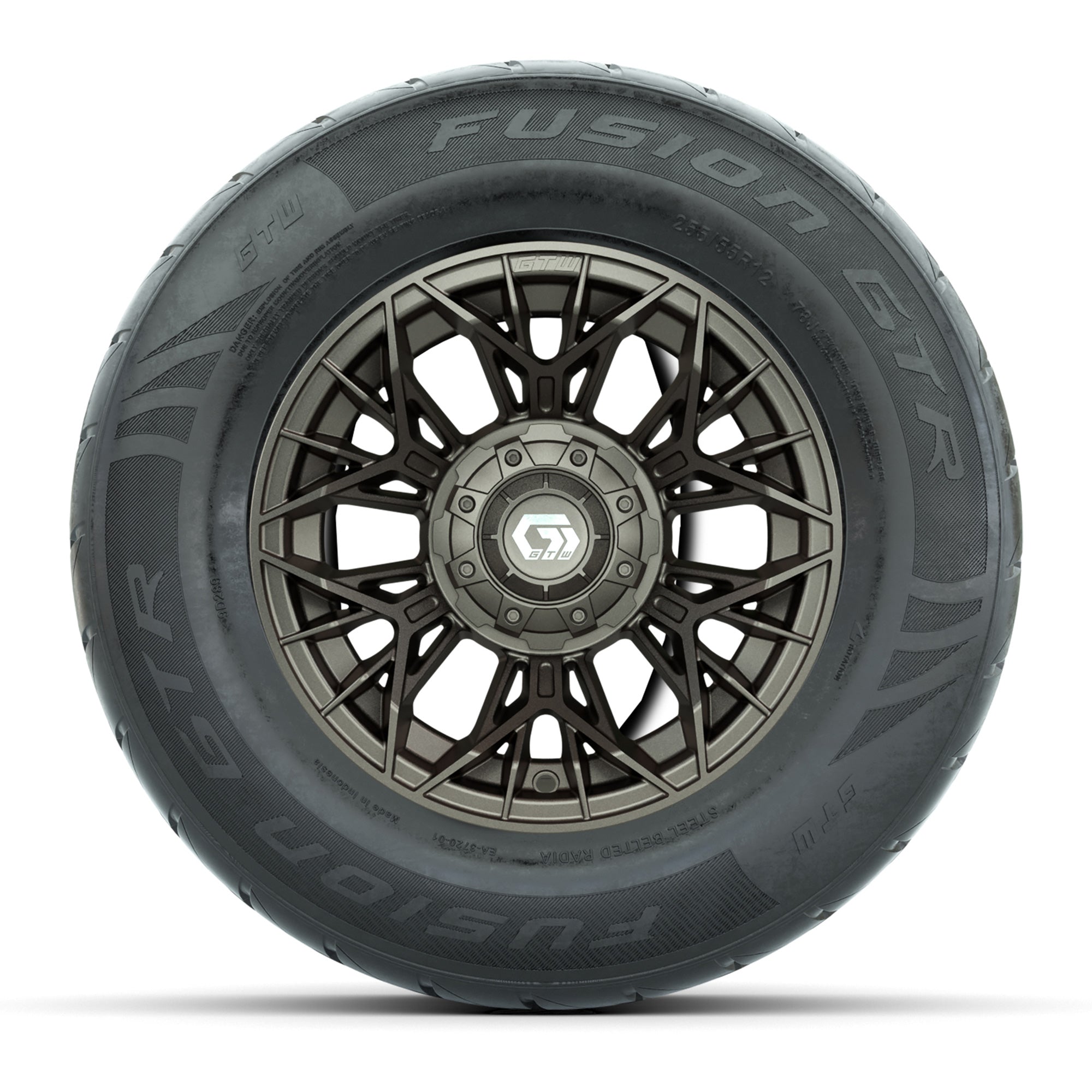 GTW® Stellar Matte Bronze 12 in Wheels with 255/55-R12 Fusion GTR Steel Belt Radial Street Tires – Full Set