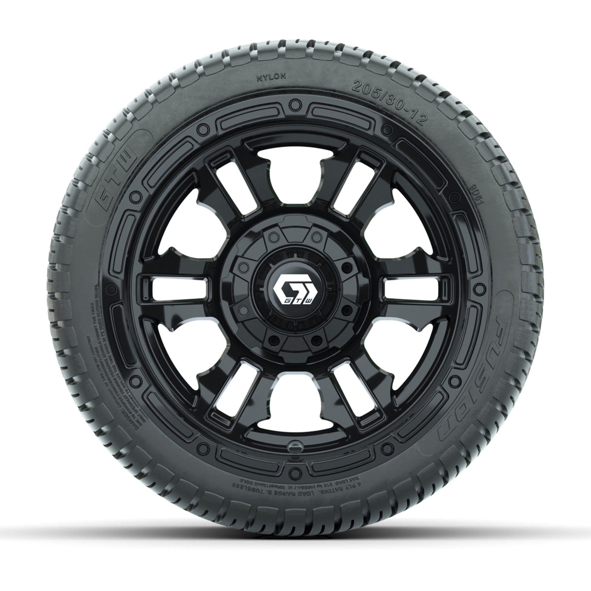 GTW® Shogun Gloss Black 12 in Wheels with 205/30-12 Fusion Street Tires – Full Set