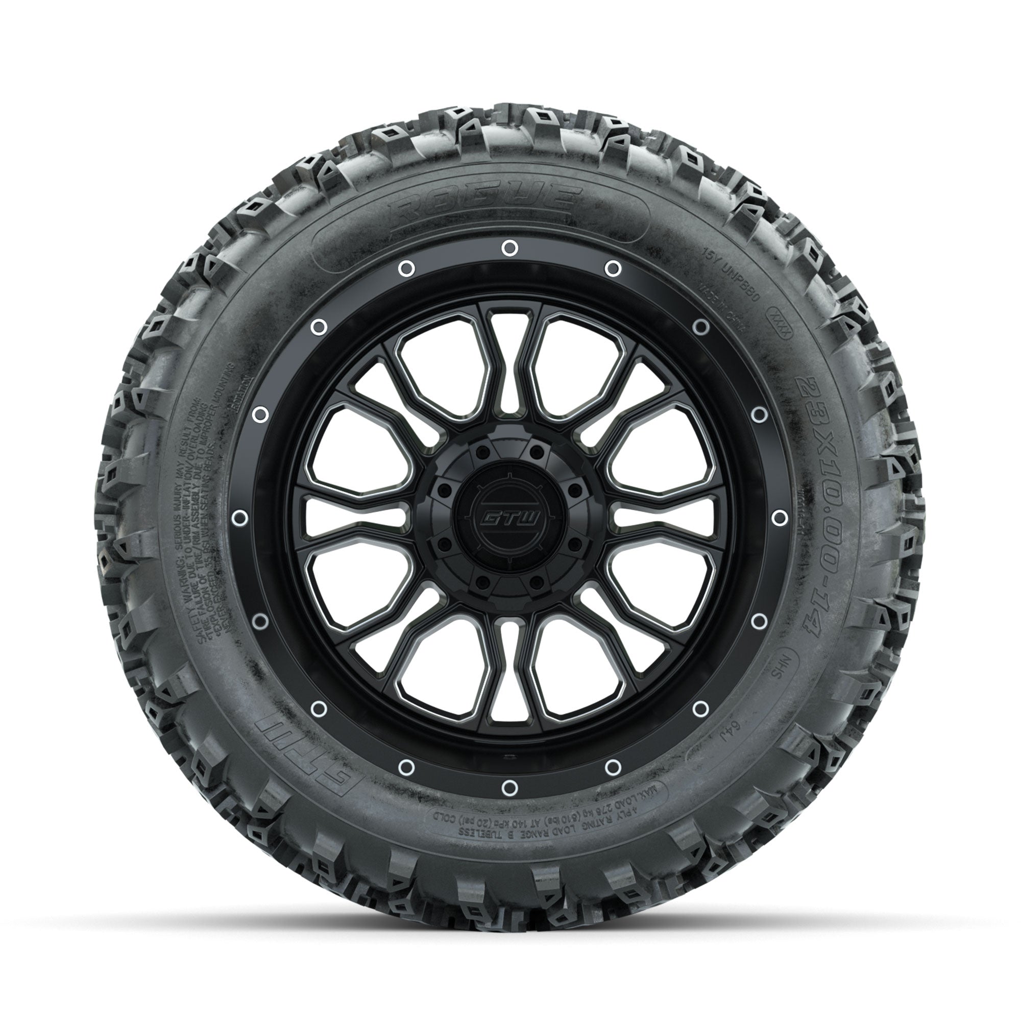 GTW Volt Machined/Black 14 in Wheels with 23x10.00-14 Rogue  - 3/4 view