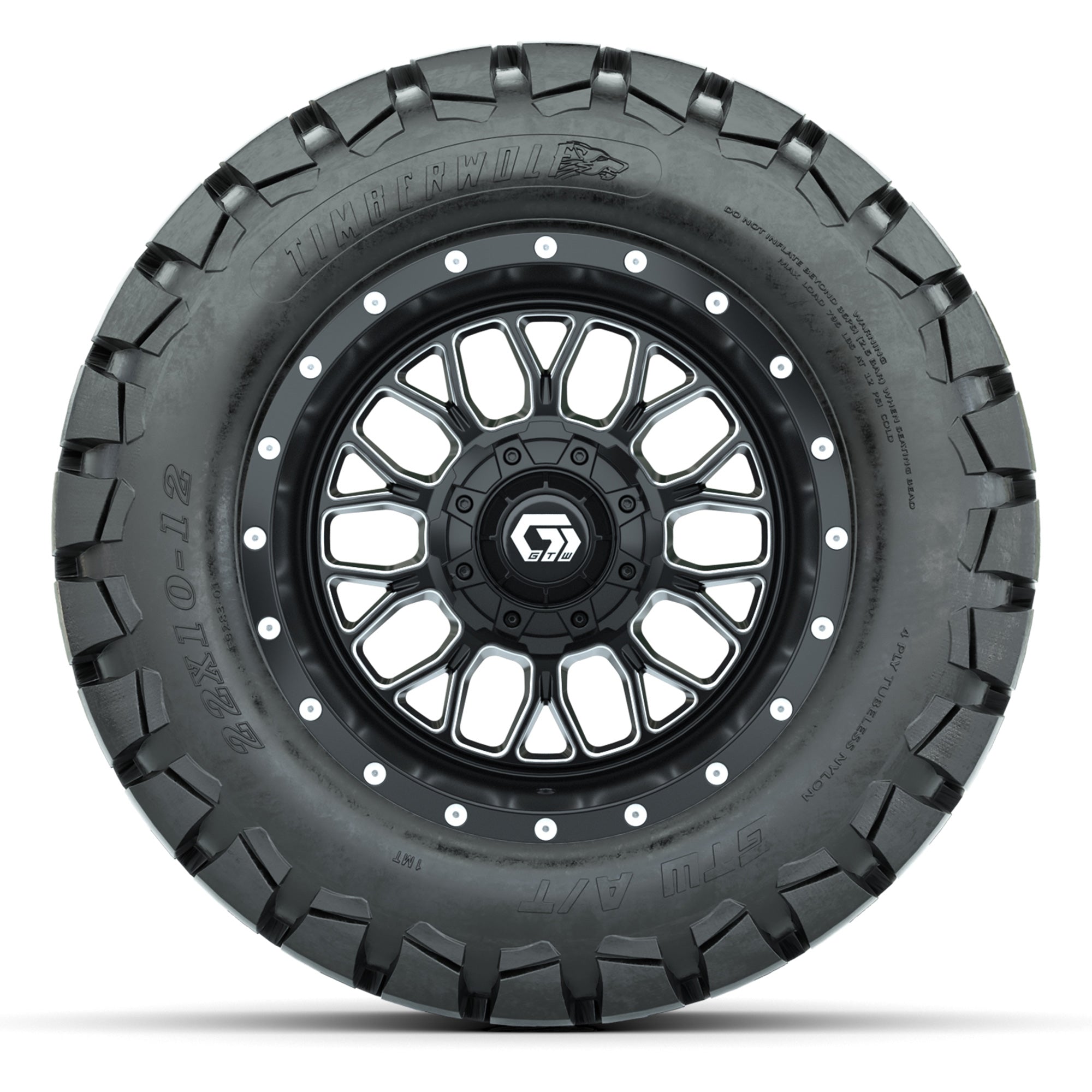 GTW® Helix Black/Machined 12 in Wheels with 22X10-12 Timberwolf All-Terrain Tires – Full Set