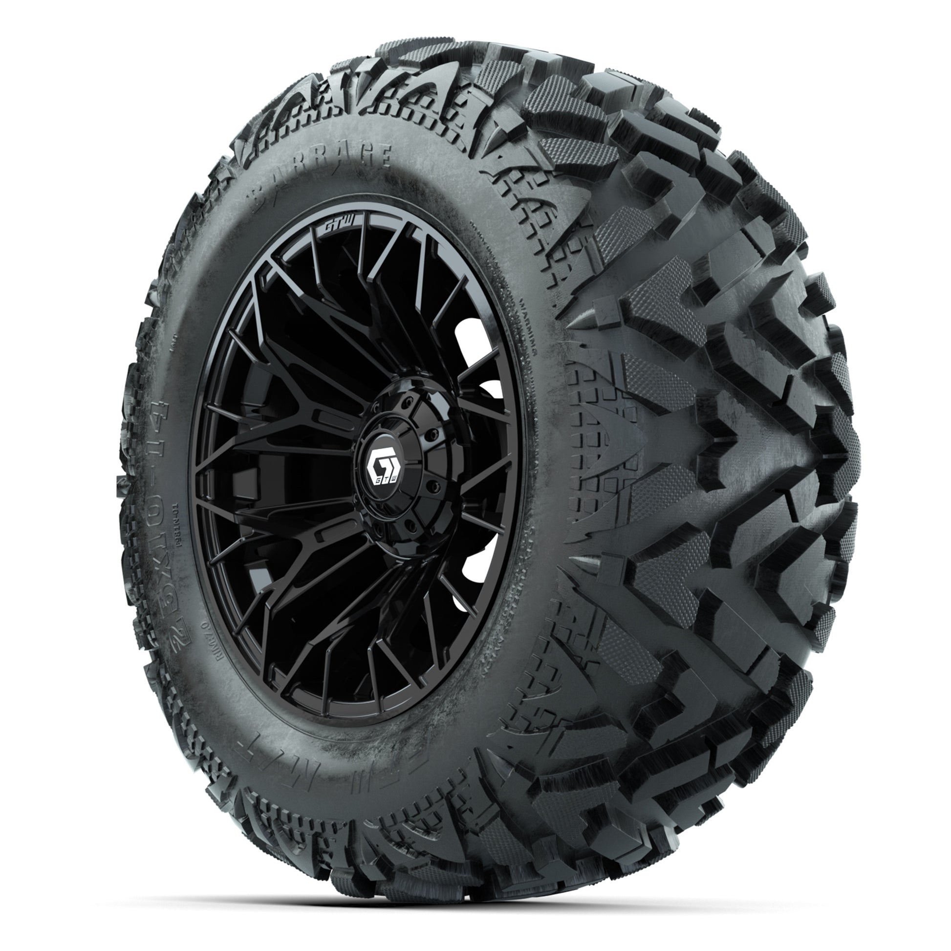 GTW Stellar Black 14 in Wheels with 25x10-14 Barrage Mud Tir - 3/4 view