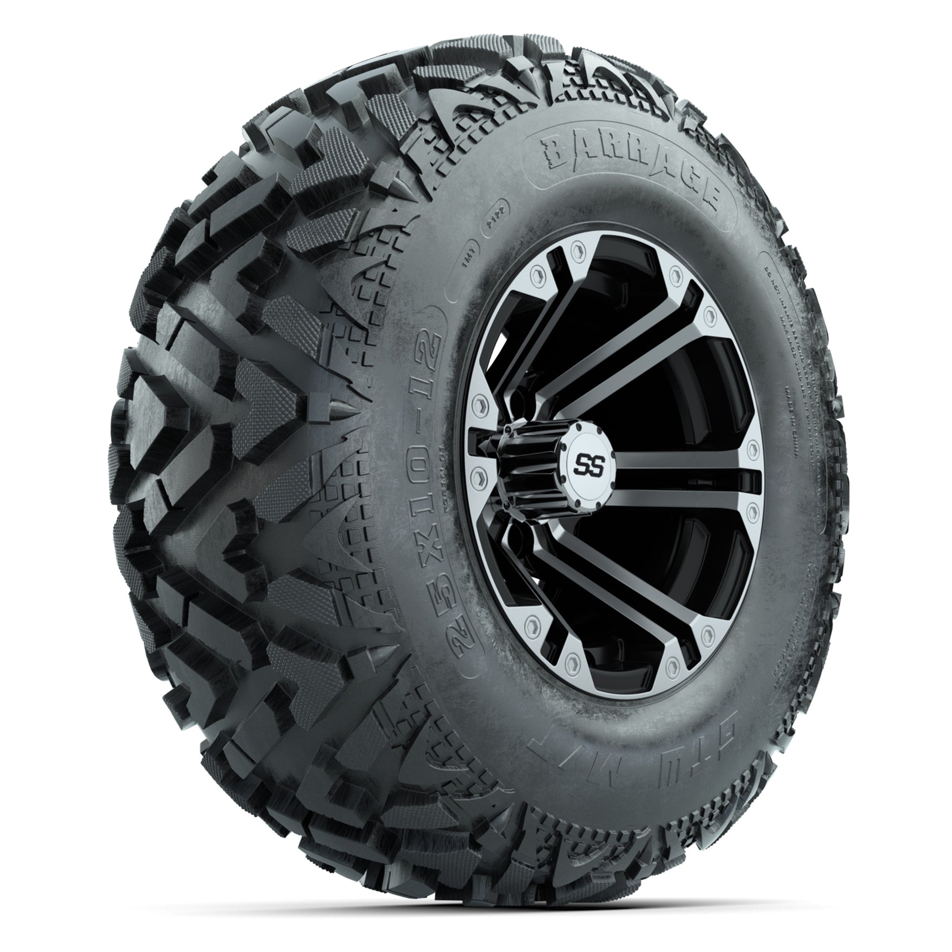 GTW® Specter Black/Machined 12 in Wheels with 25X10-12 Barrage Mud Tires – Full Set