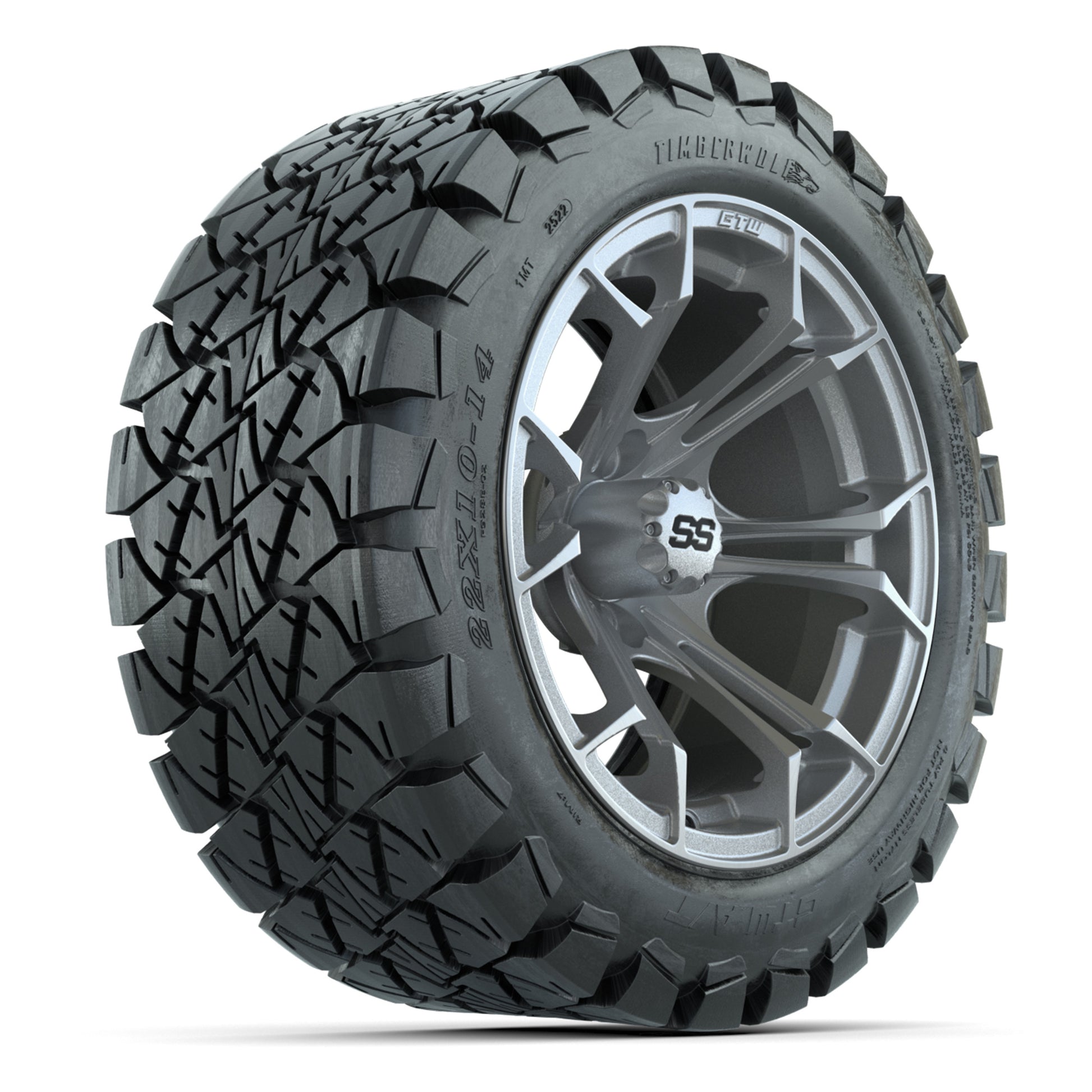 GTW Spyder Silver Brush 14 in Wheels with 22X10-14 Timberwolf All-Terrain Tires – Full Set