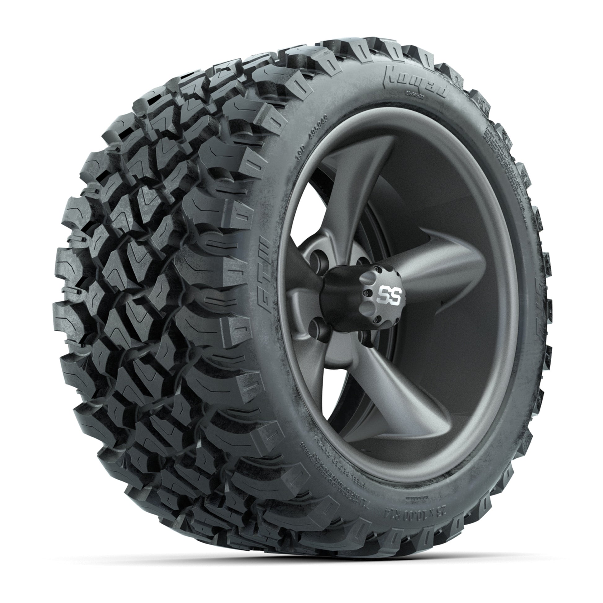 GTW® Godfather Matte Gray 14 in Wheels with 23X10-R14 Nomad Steel Belt Radial All-Terrain Tires – Full Set