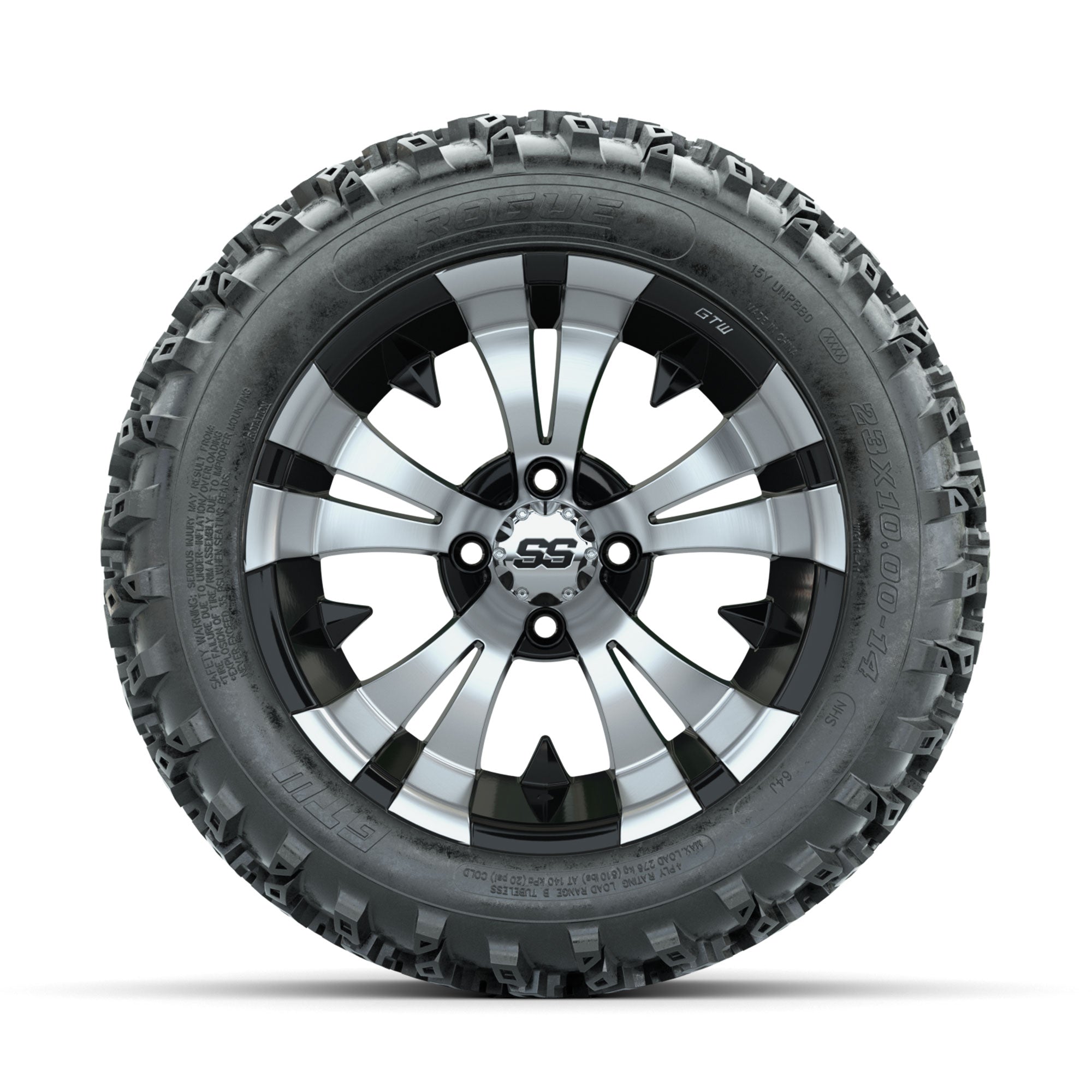 GTW Vampire Machined/Black 14 in Wheels with 23x10.00-14 Rog - 3/4 view