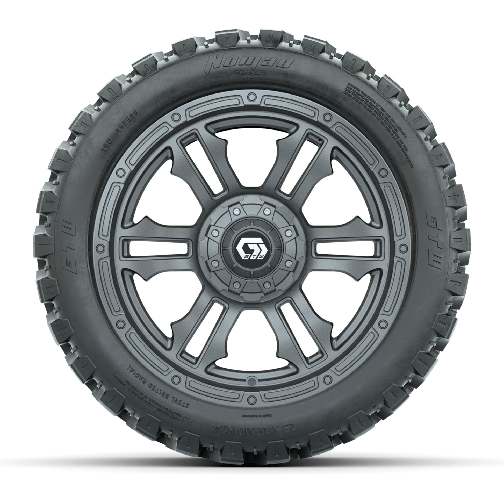 GTW® Shogun Gunmetal 14 in Wheels with 23X10-R14 Nomad Steel - front view