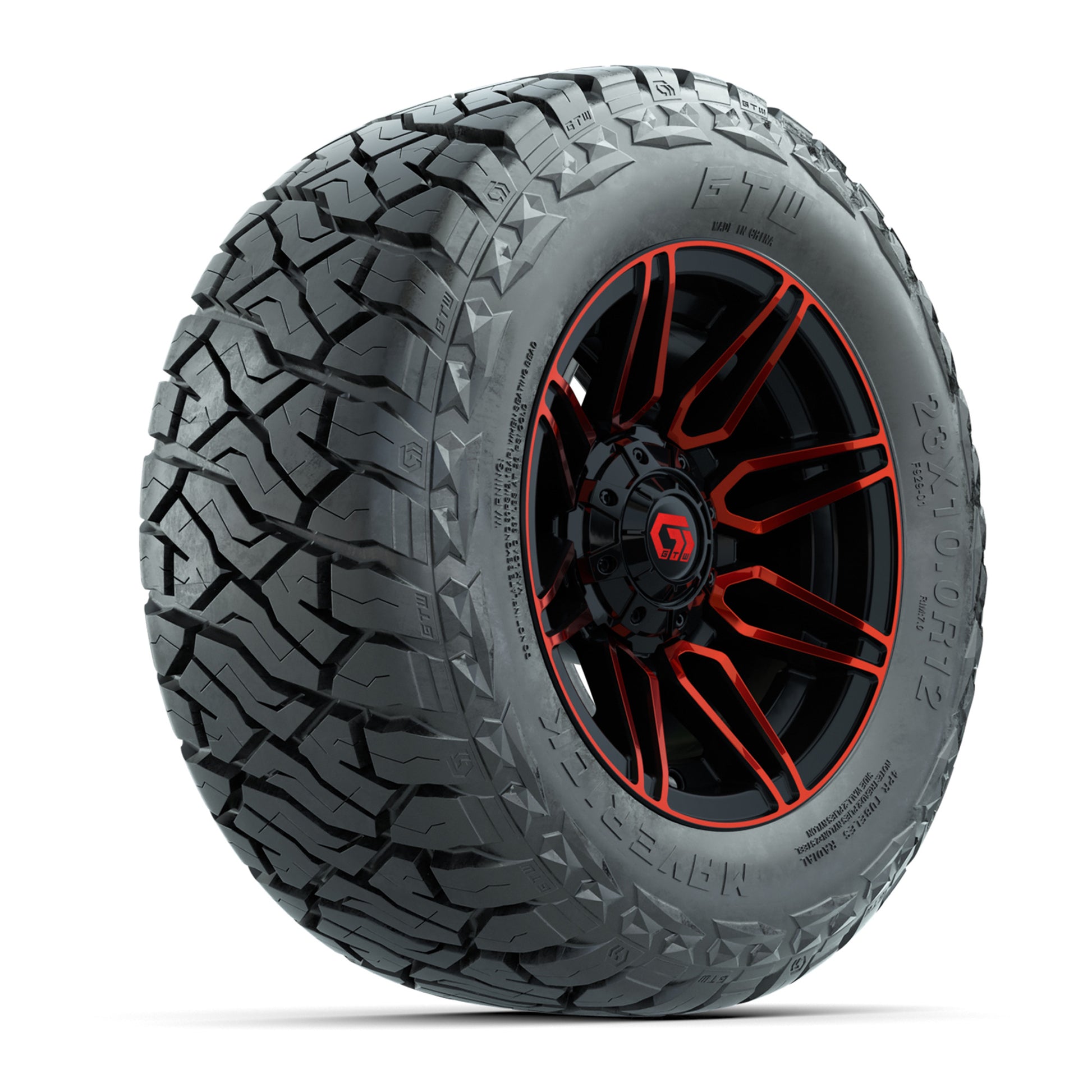 GTW Stealth Gloss Black/Red 12 in Wheels with 23x10.00-R12 Maverick All-Terrain Tires – Full Set