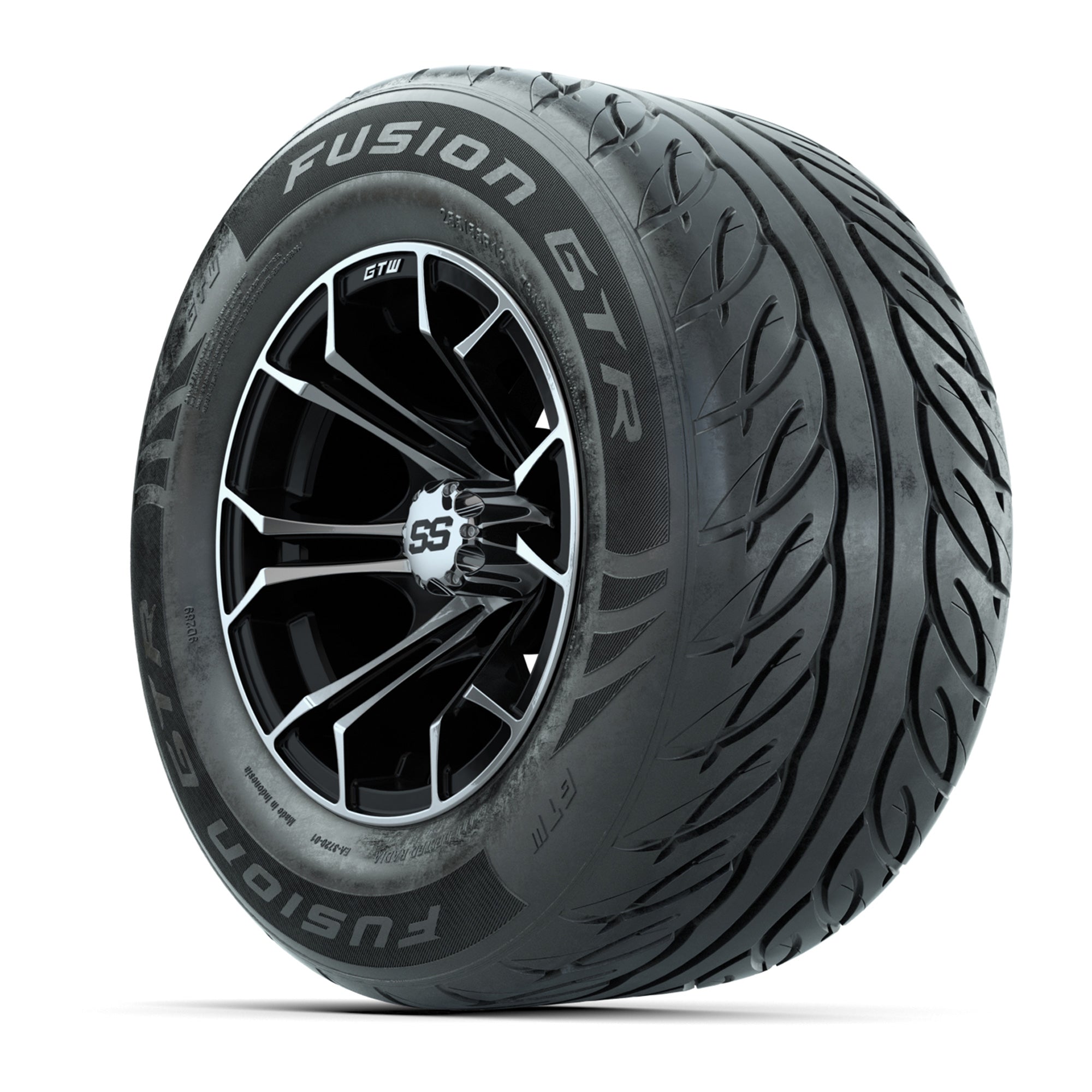 GTW® Spyder Black/Machined 12 in Wheels with 255/55-R12 Fusion GTR Steel Belt Radial Street Tires – Full Set
