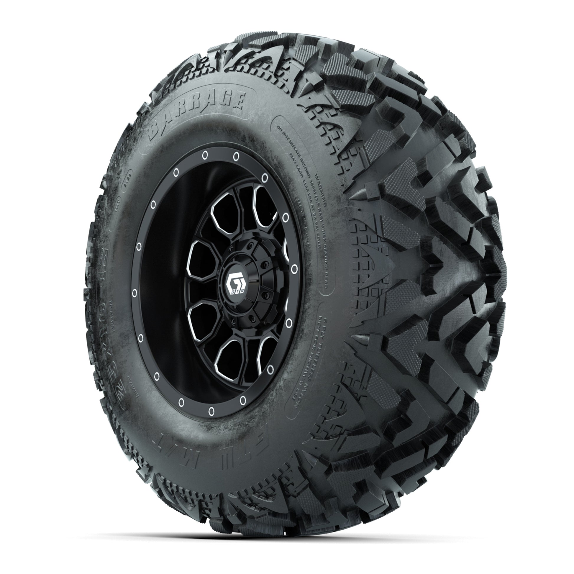 GTW® Volt Black/Machined 12 in Wheels with 25X10-12 Barrage Mud Tires – Full Set