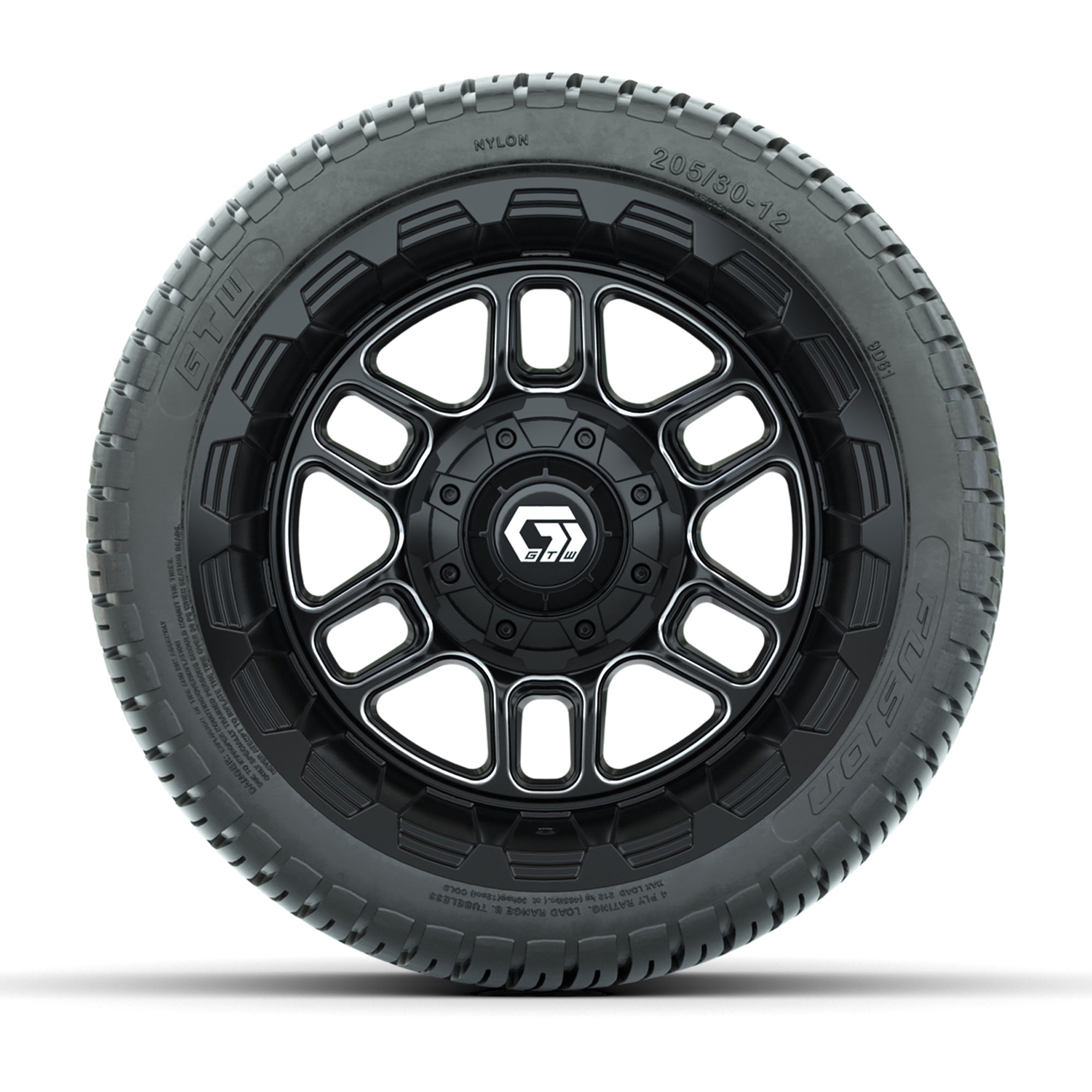 GTW® Titan Black/Machined 12 in Wheels with 205/30-12 Fusion Street Tires – Full Set