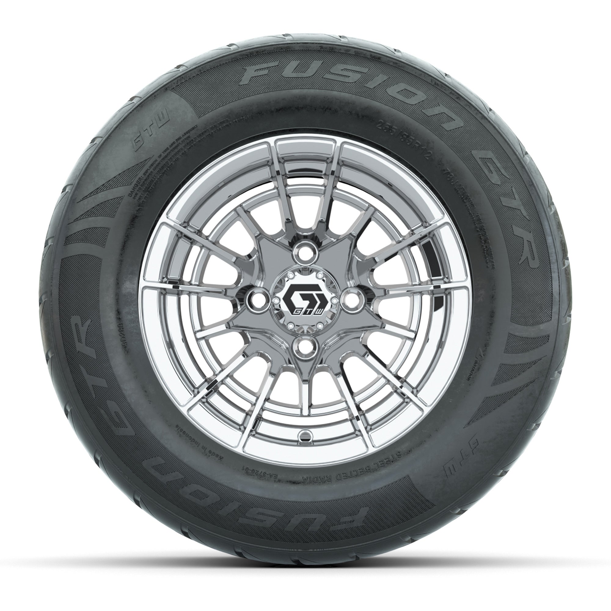 GTW® Boost Chrome 12 in Wheels with 255/55-R12 Fusion GTR Steel Belt Radial Street Tires – Full Set