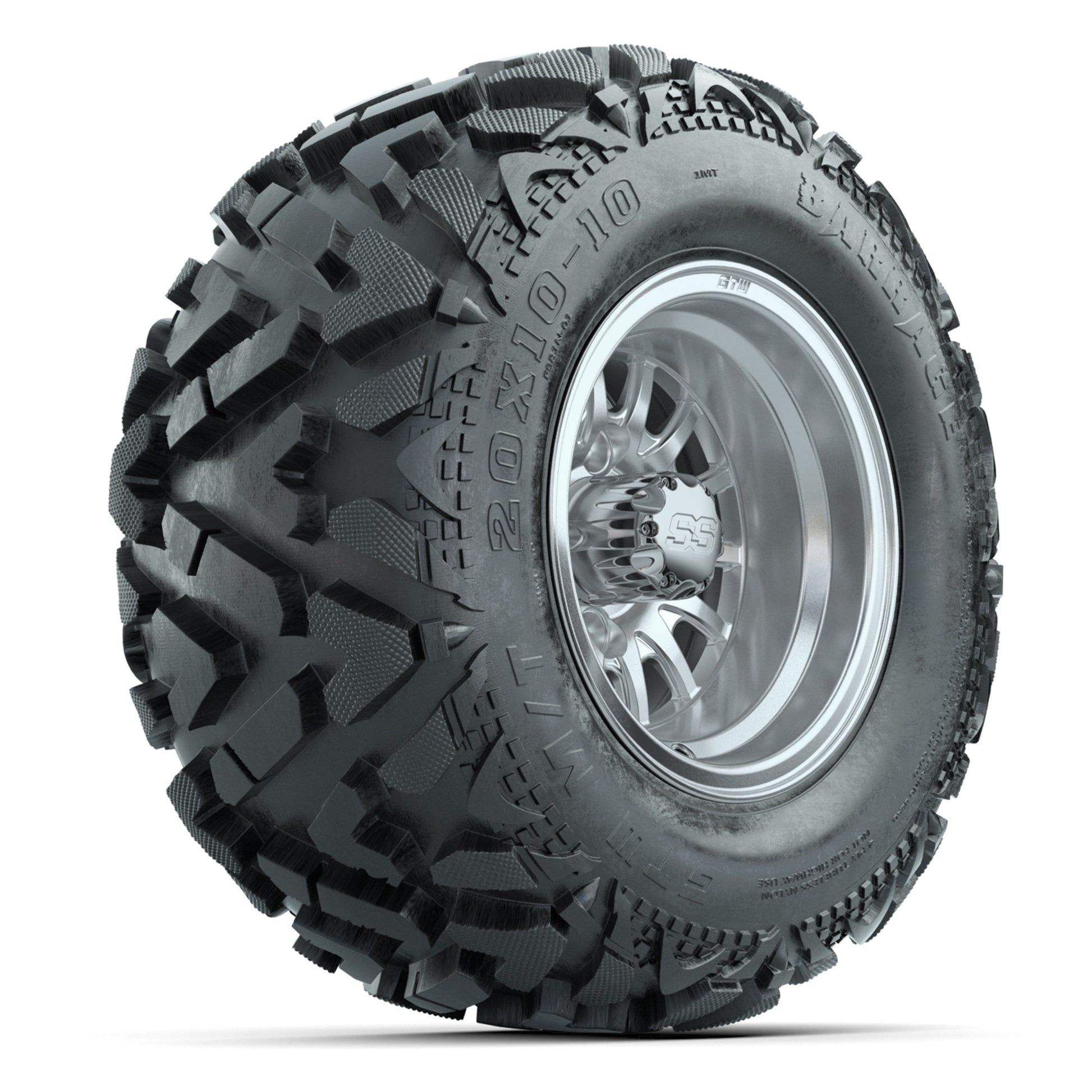 GTW Medusa Silver/Machined 10 in Wheels with 20x10-10 Barrage Mud Tires – Full Set