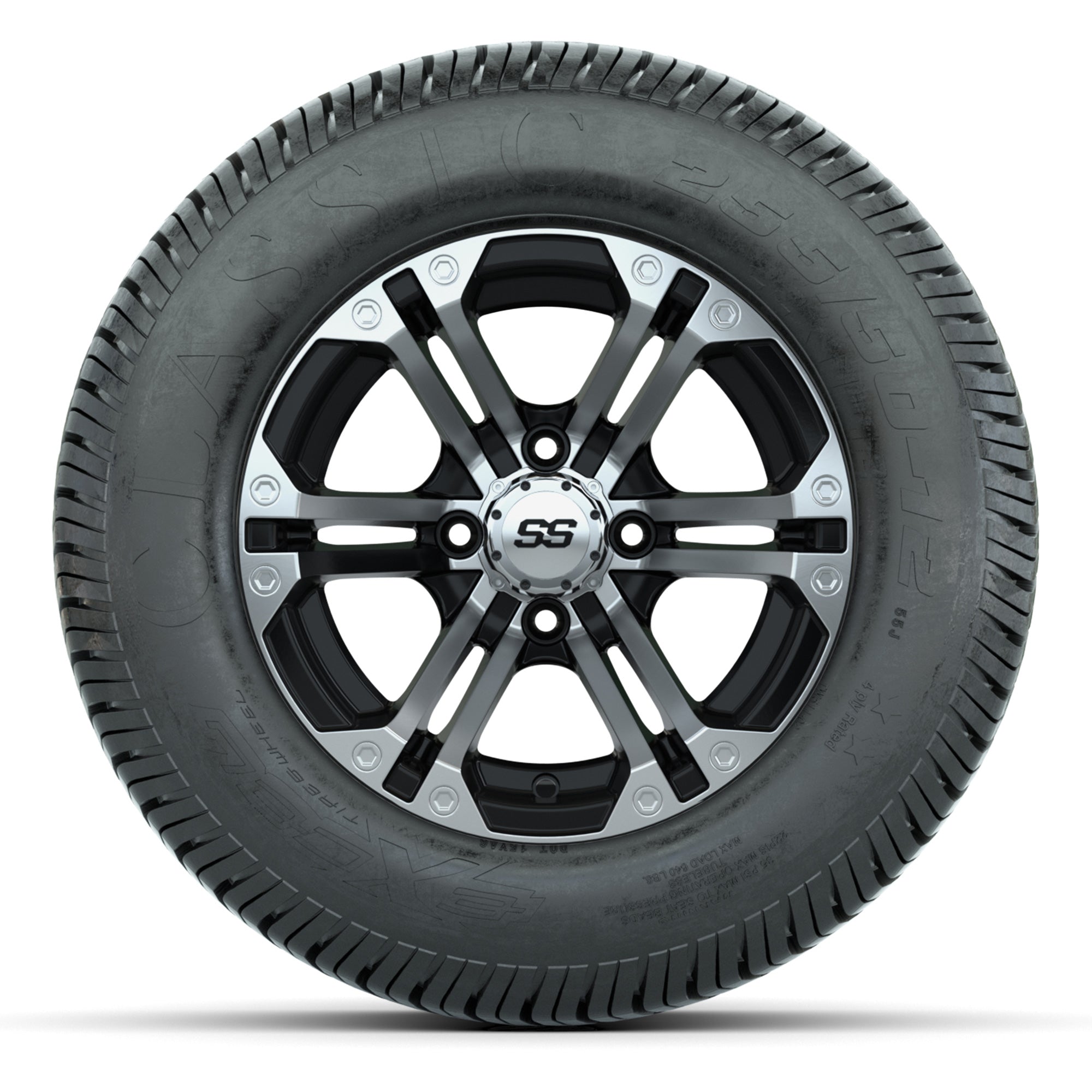 GTW® Specter Black/Machined 12 in Wheels with 255/50-12 Excel Classic Street Tires – Full Set