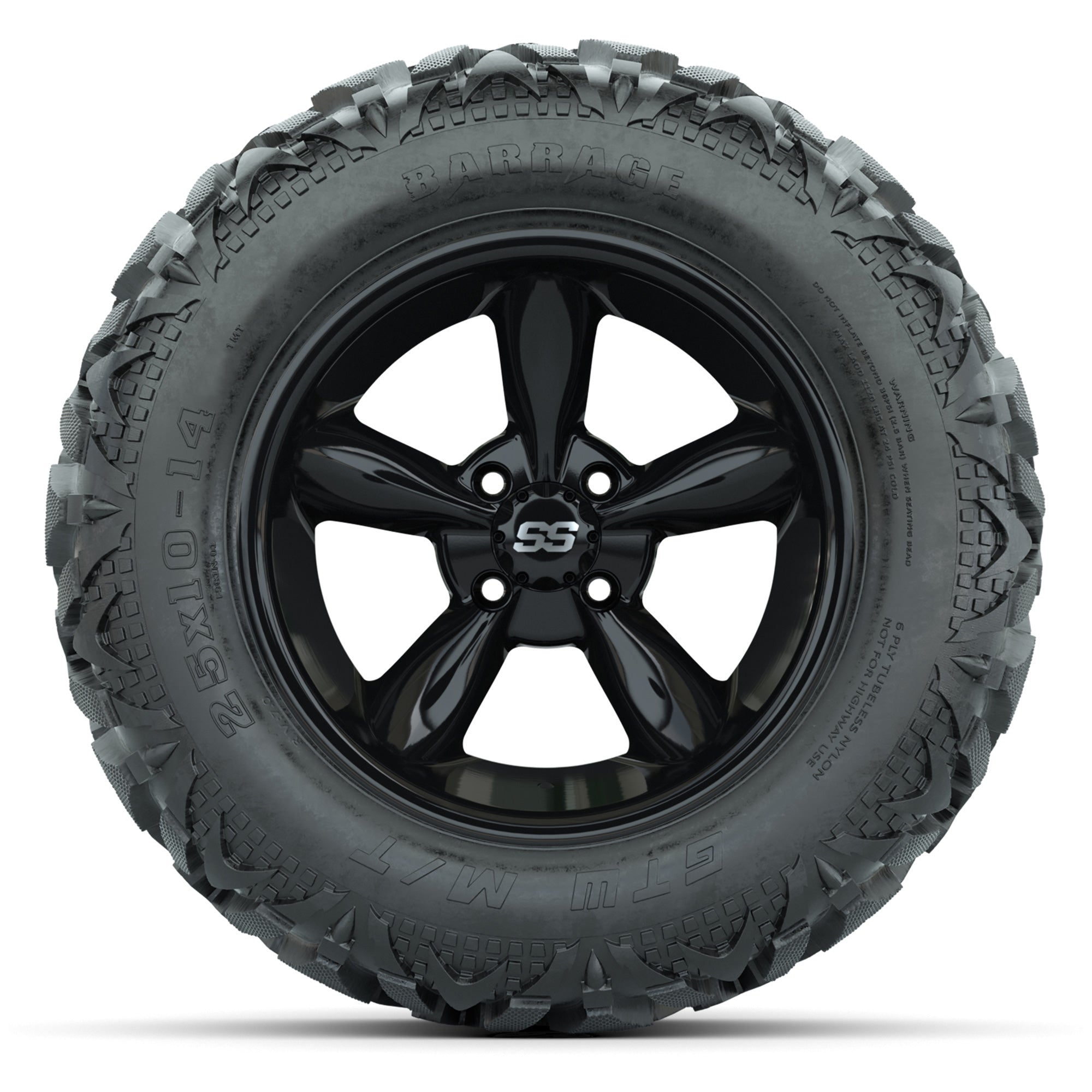 GTW Godfather Black 14 in Wheels with 25x10-14 Barrage Mud T - 3/4 view