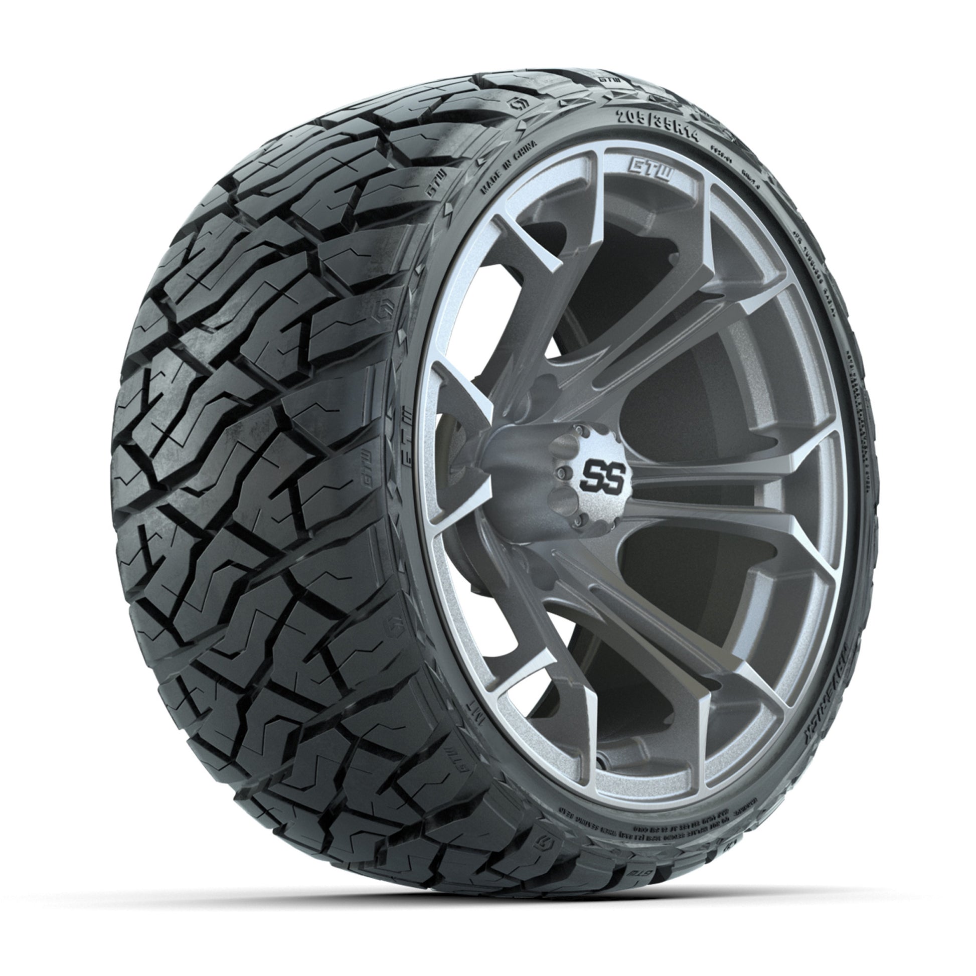 GTW® Spyder Silver Brush 14 in Wheels with 205/35-R14 Maverick Low-Profile All-Terrain Tires – Full Set
