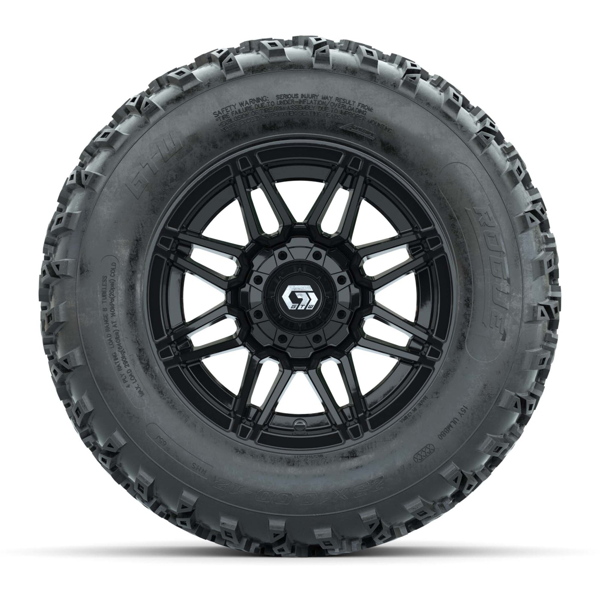 GTW® Stealth Gloss Black 12 in Wheels with 23X10.00-12 Rogue All-Terrain Tires – Full Set