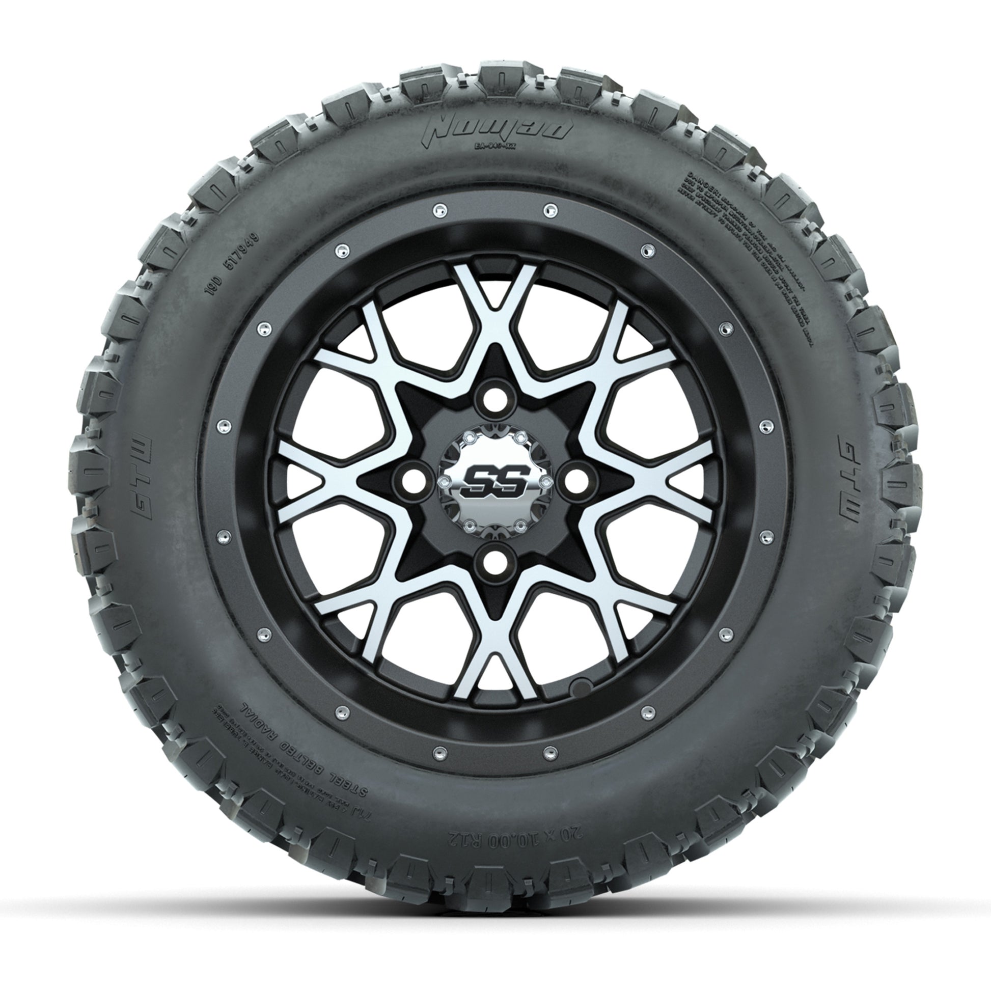 GTW® Vortex 2 Matte Gray/Machined 12 in Wheels with 20X10-12 Nomad Steel Belt Radial All-Terrain Tires – Full Set