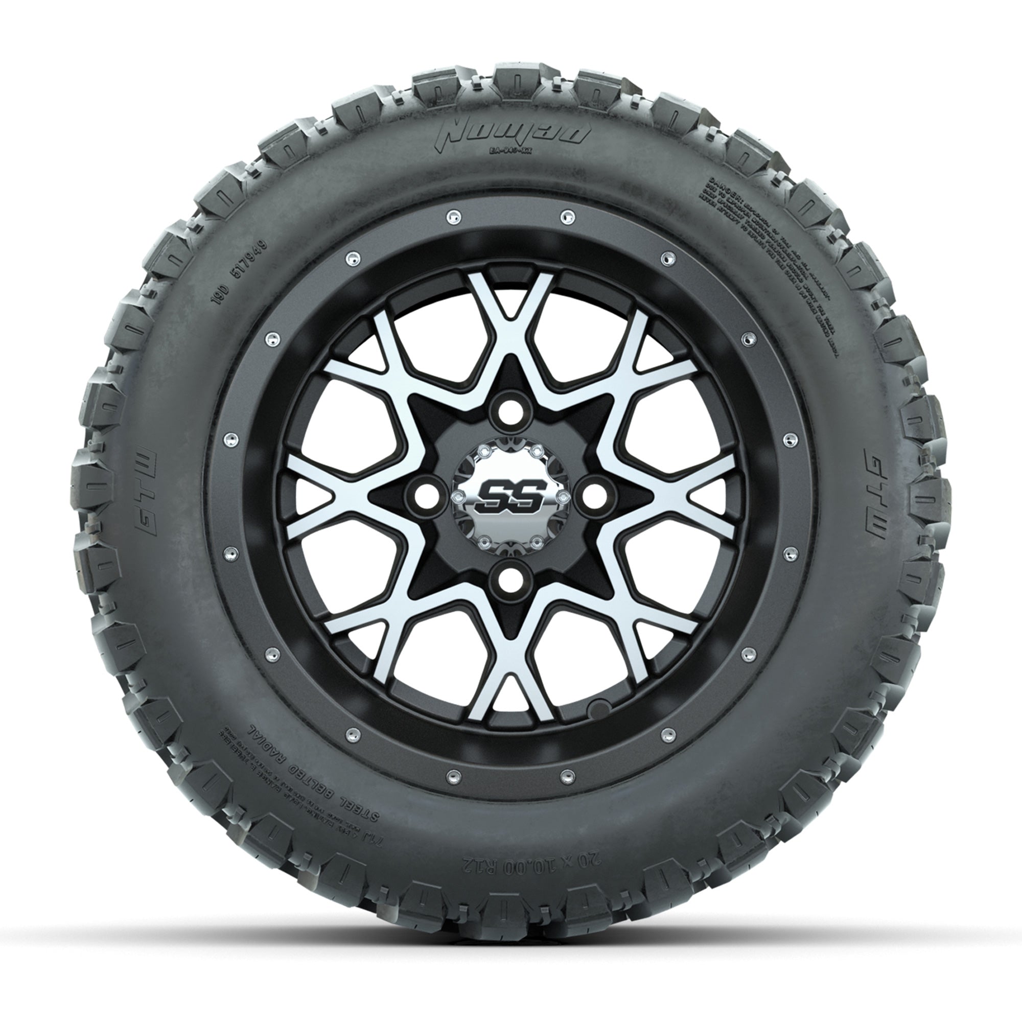 GTW® Vortex 2 Matte Gray/Machined 12 in Wheels with 20X10-12 Nomad Steel Belt Radial All-Terrain Tires – Full Set