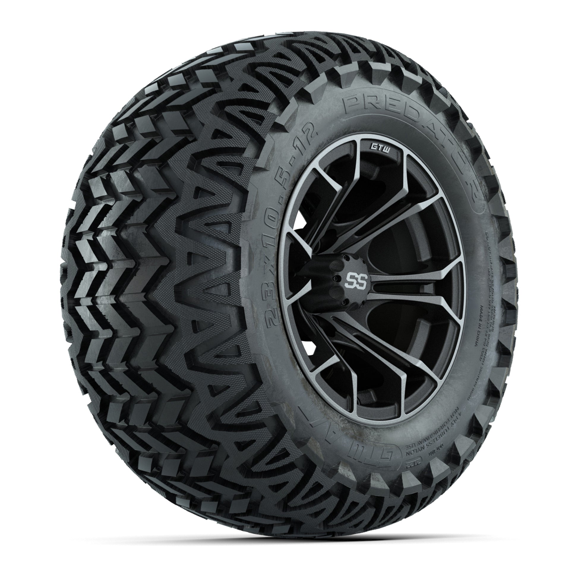 GTW® Spyder Matte Gray/Machined 12 in Wheels with 23X10.5-12 Predator All-Terrain Tires – Full Set